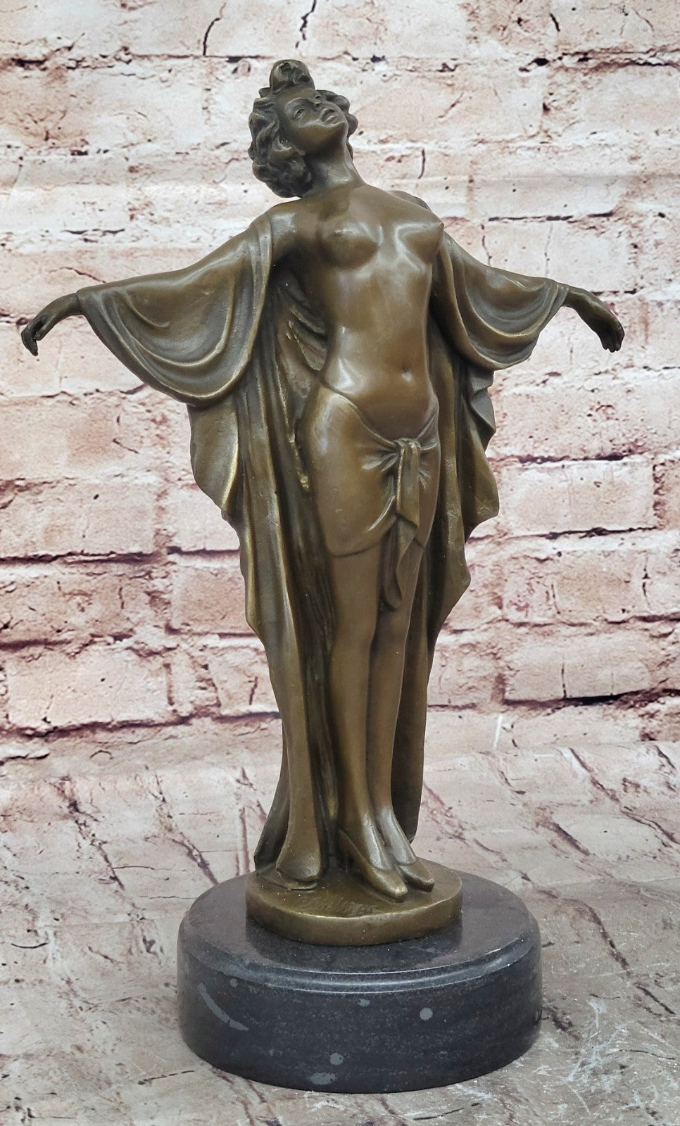 Art Deco Nude Girl Female Classic Bronze Sculpture Figurine Marble Base Figure