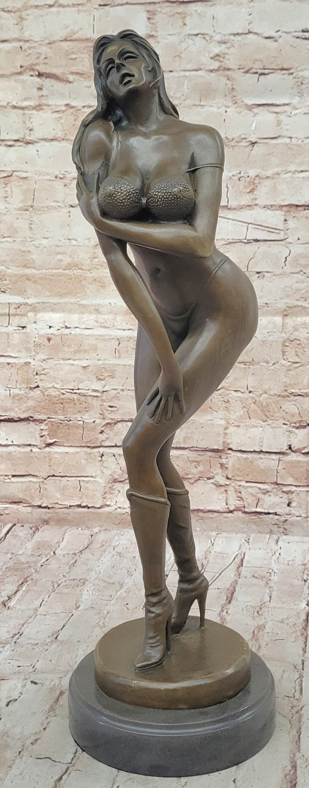 Provocative Vitaleh Bronze Figurine: Sexy Woman with Bikini and Boots, Signed Hot Cast Sculpture