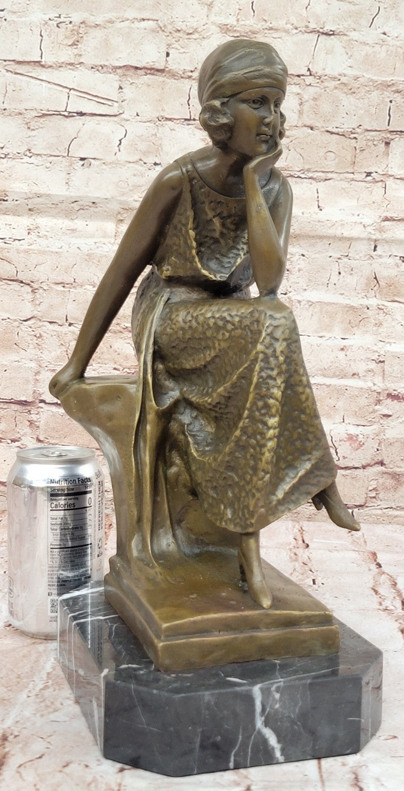 Woman Seated 100% Bronze Sculpture Figurine on Marble Base by Moreau