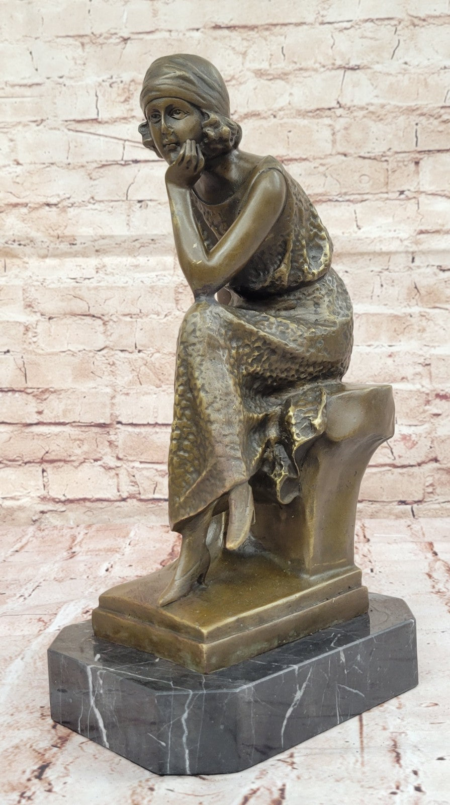 Woman Seated 100% Bronze Sculpture Figurine on Marble Base by Moreau
