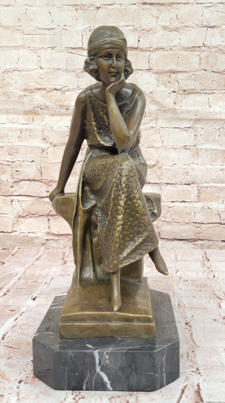 Woman Seated 100% Bronze Sculpture Figurine on Marble Base by Moreau