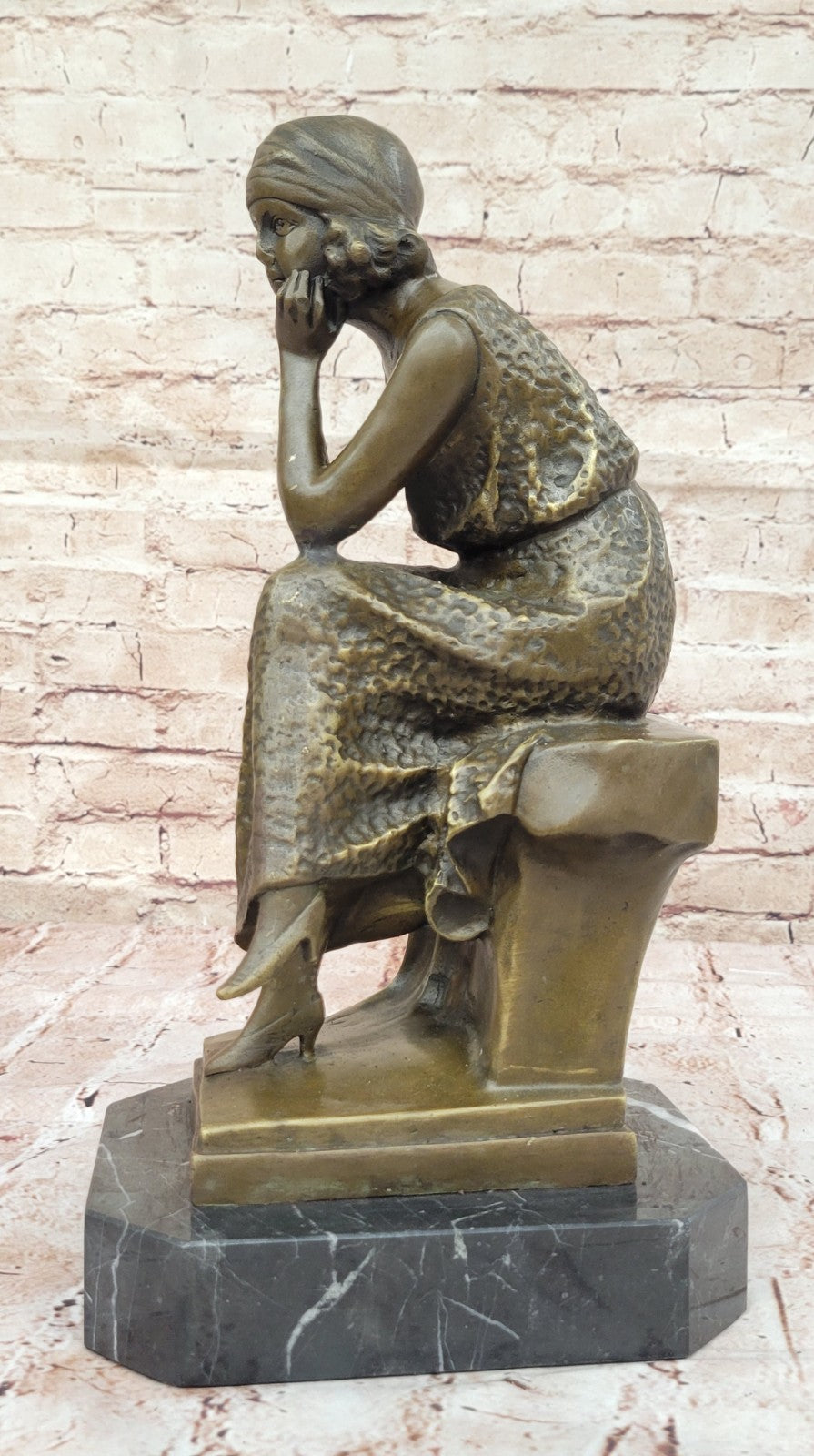 Woman Seated 100% Bronze Sculpture Figurine on Marble Base by Moreau