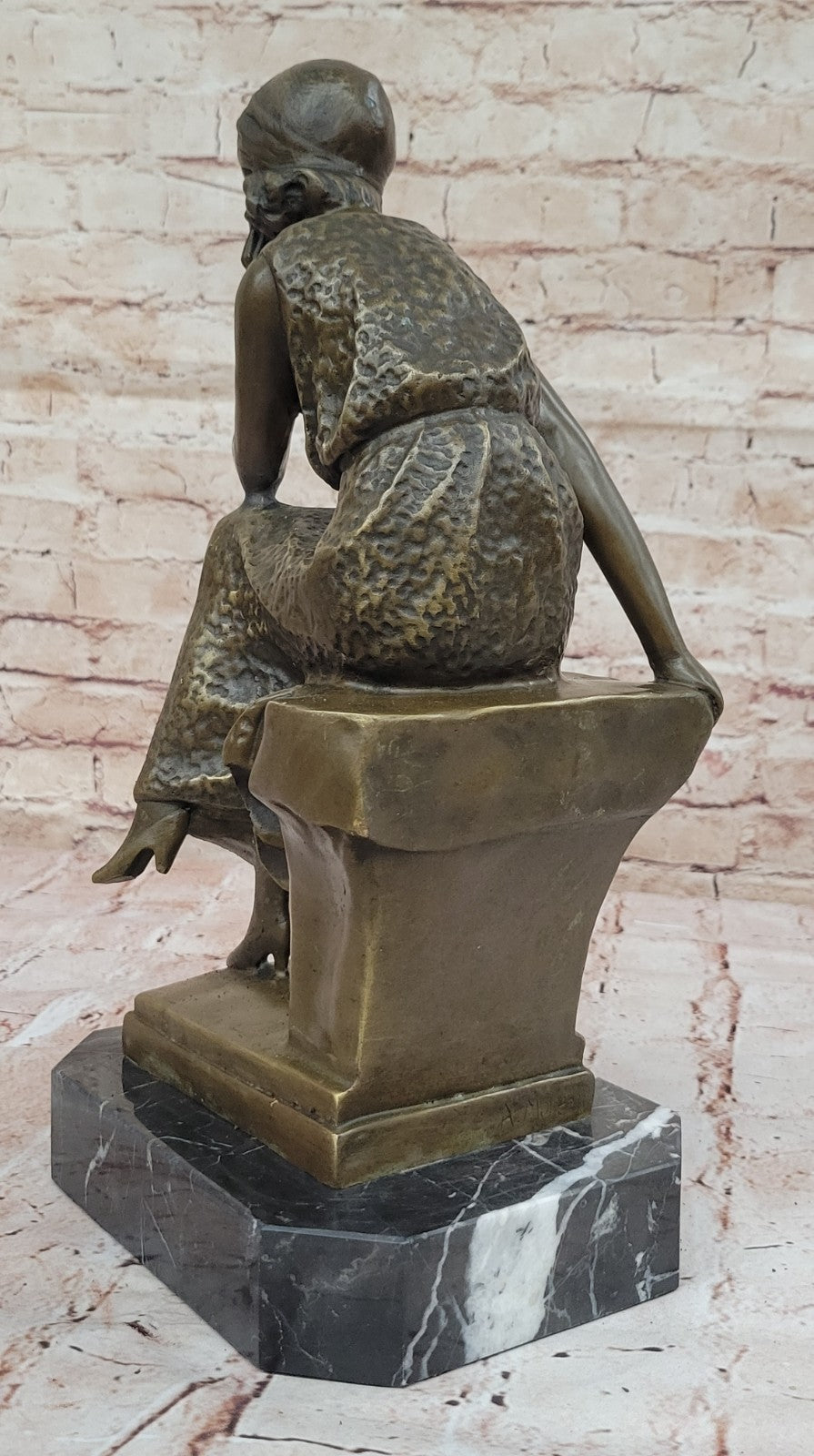 Woman Seated 100% Bronze Sculpture Figurine on Marble Base by Moreau