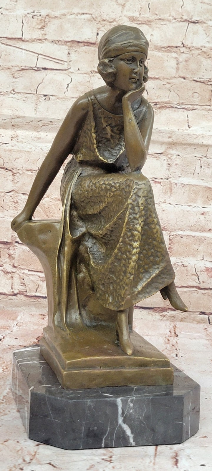 Woman Seated 100% Bronze Sculpture Figurine on Marble Base by Moreau