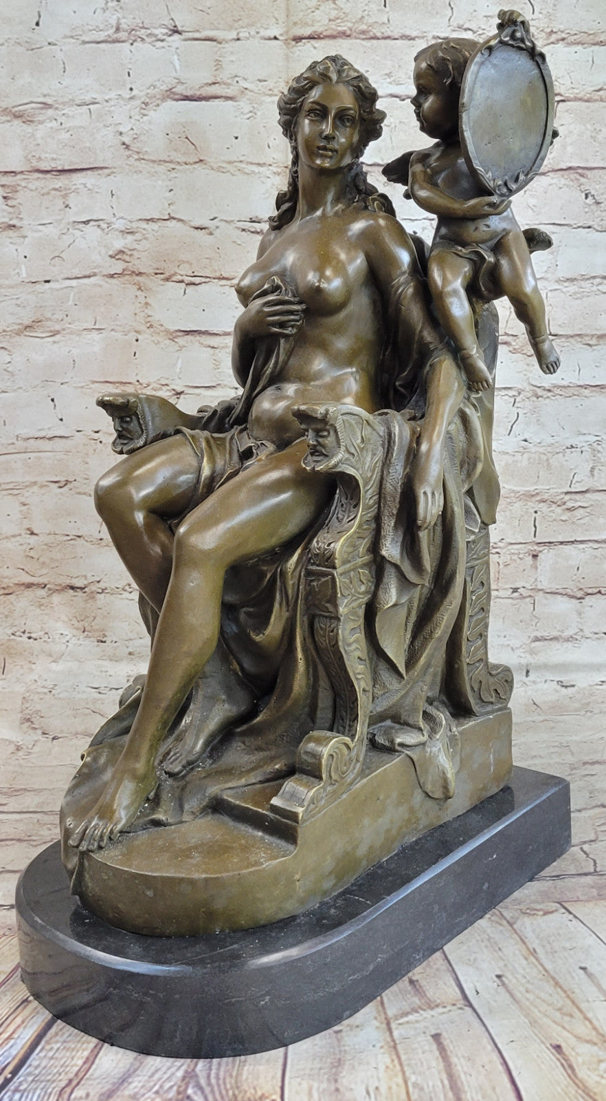Art Deco Nude Female Bronze-Beautiful Venus with Angel Sculpture Decor Sale