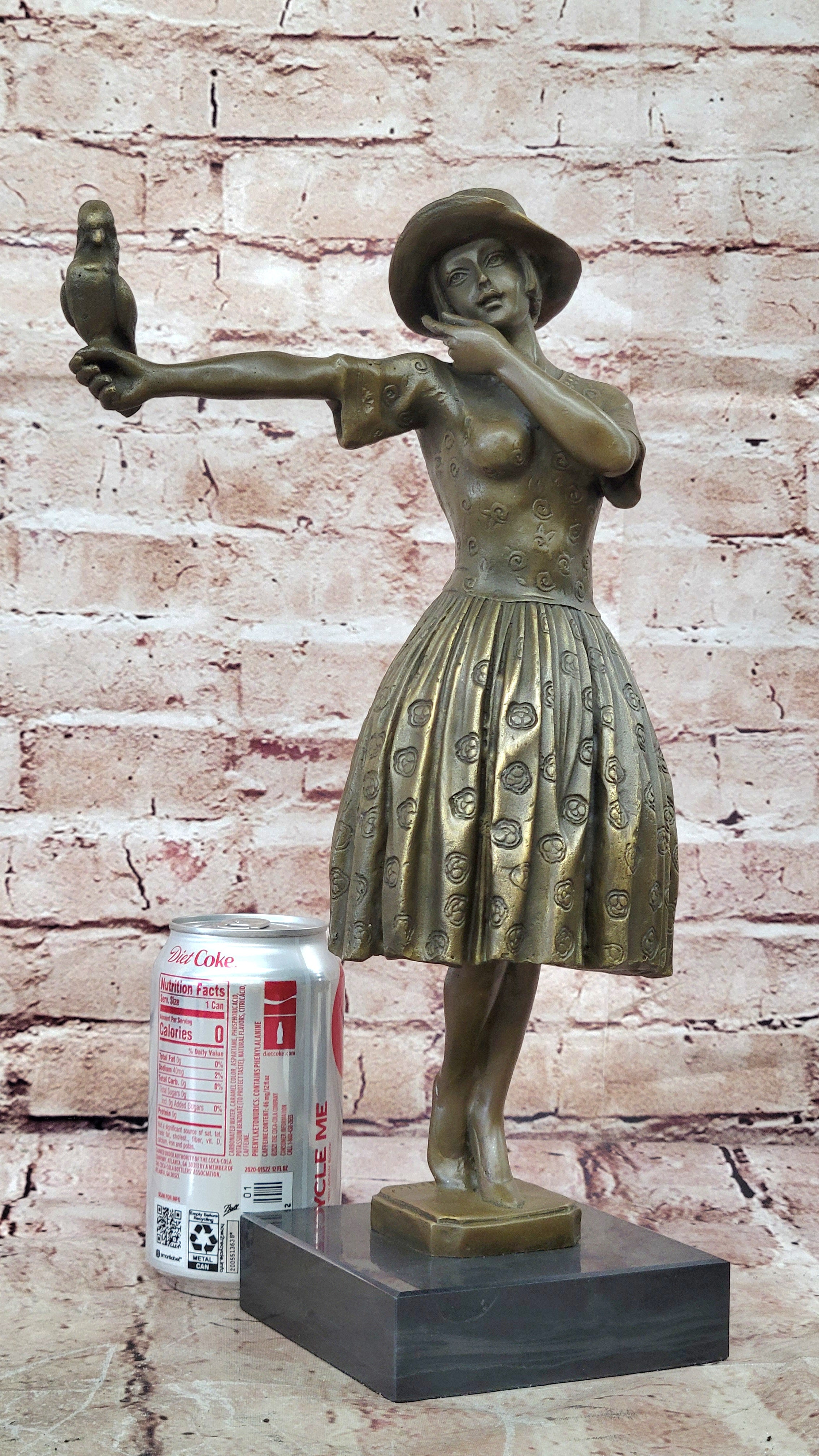 Nice Bronze Sculpture Lady with Bird Signed Original Gift Deco Hot Cast Figurine