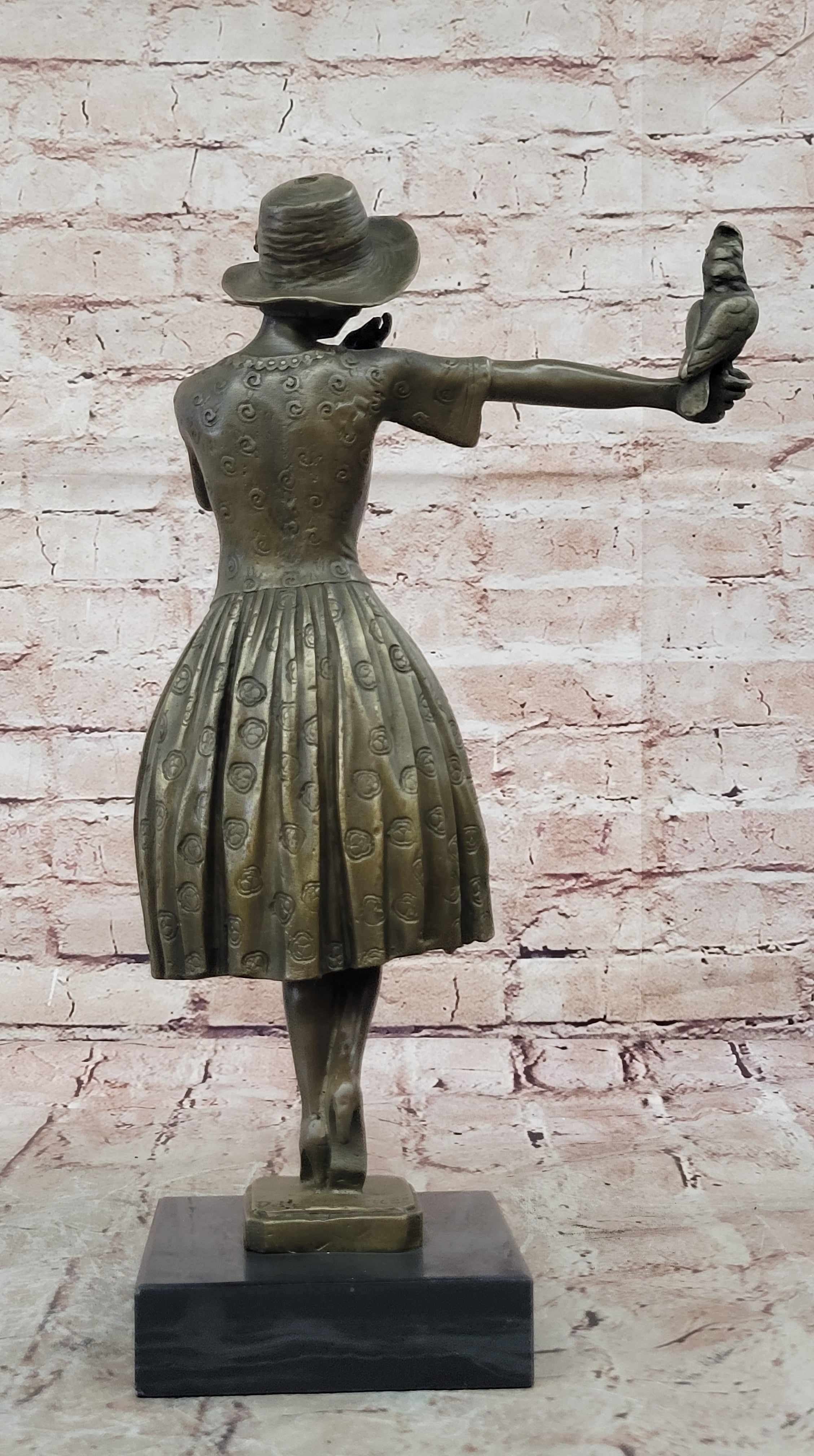 Nice Bronze Sculpture Lady with Bird Signed Original Gift Deco Hot Cast Figurine