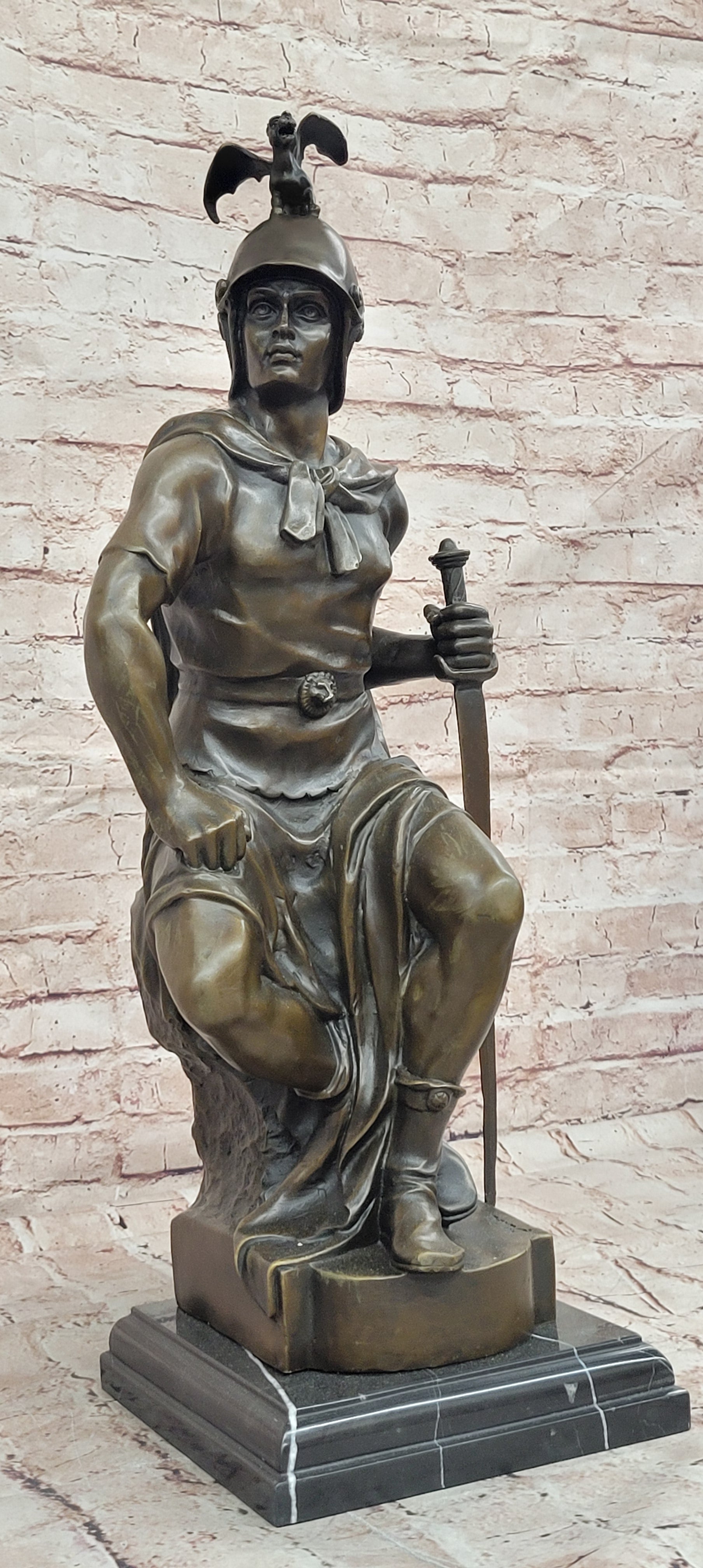 Roman Warrior Soldier Spear Shield Military Art Collector Bronze Marble Statue
