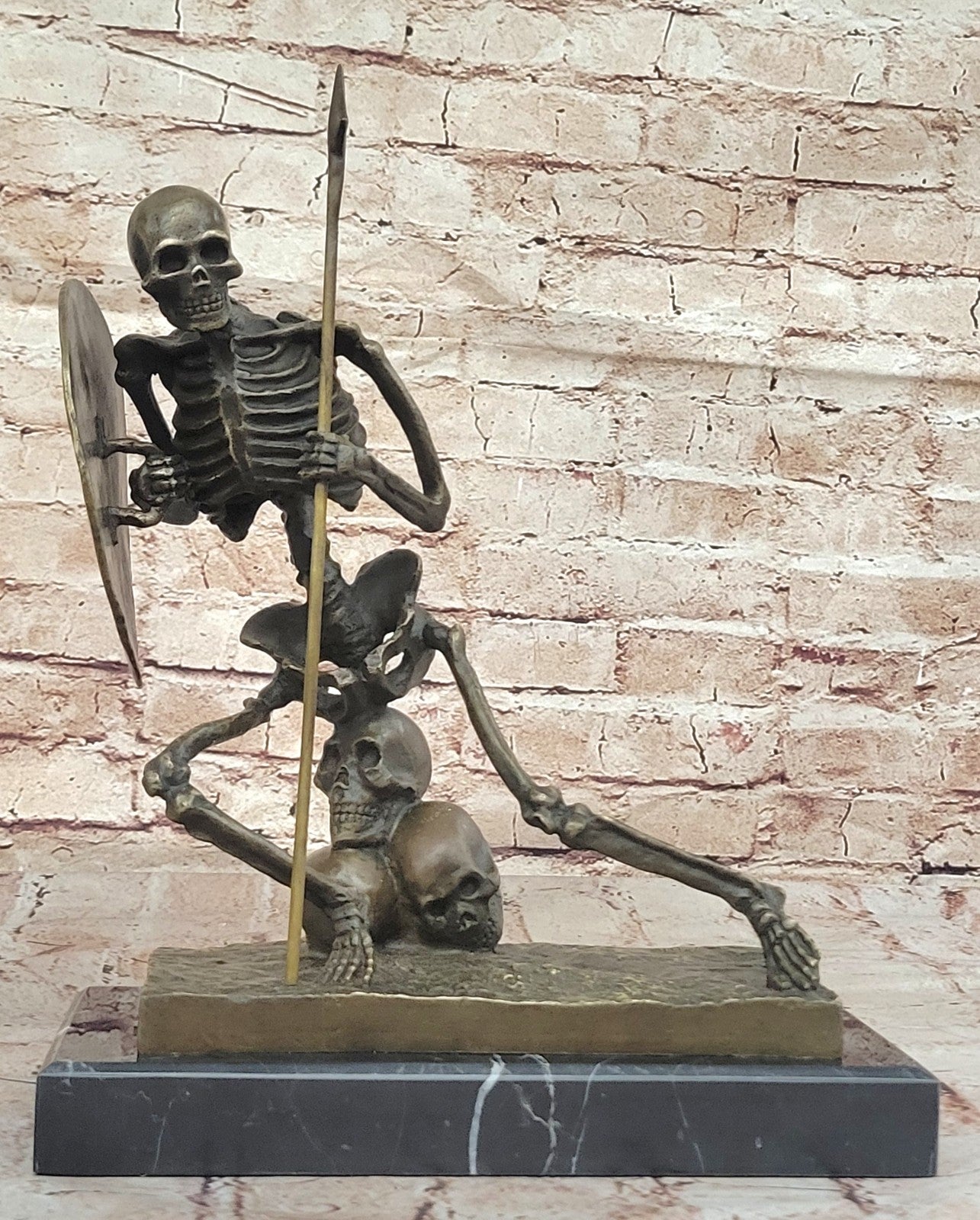 European Design Bronze Statuettes - Skull Skeleton Warrior Bookend Book End Stat