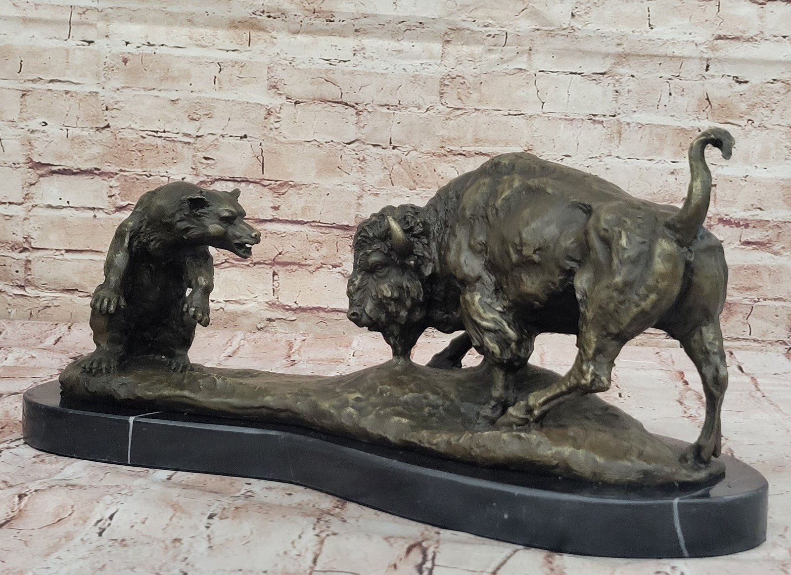 Classic Buffalo and Bear Bronze Sculpture – Handcrafted Wildlife Figurine for Home & Office Décor