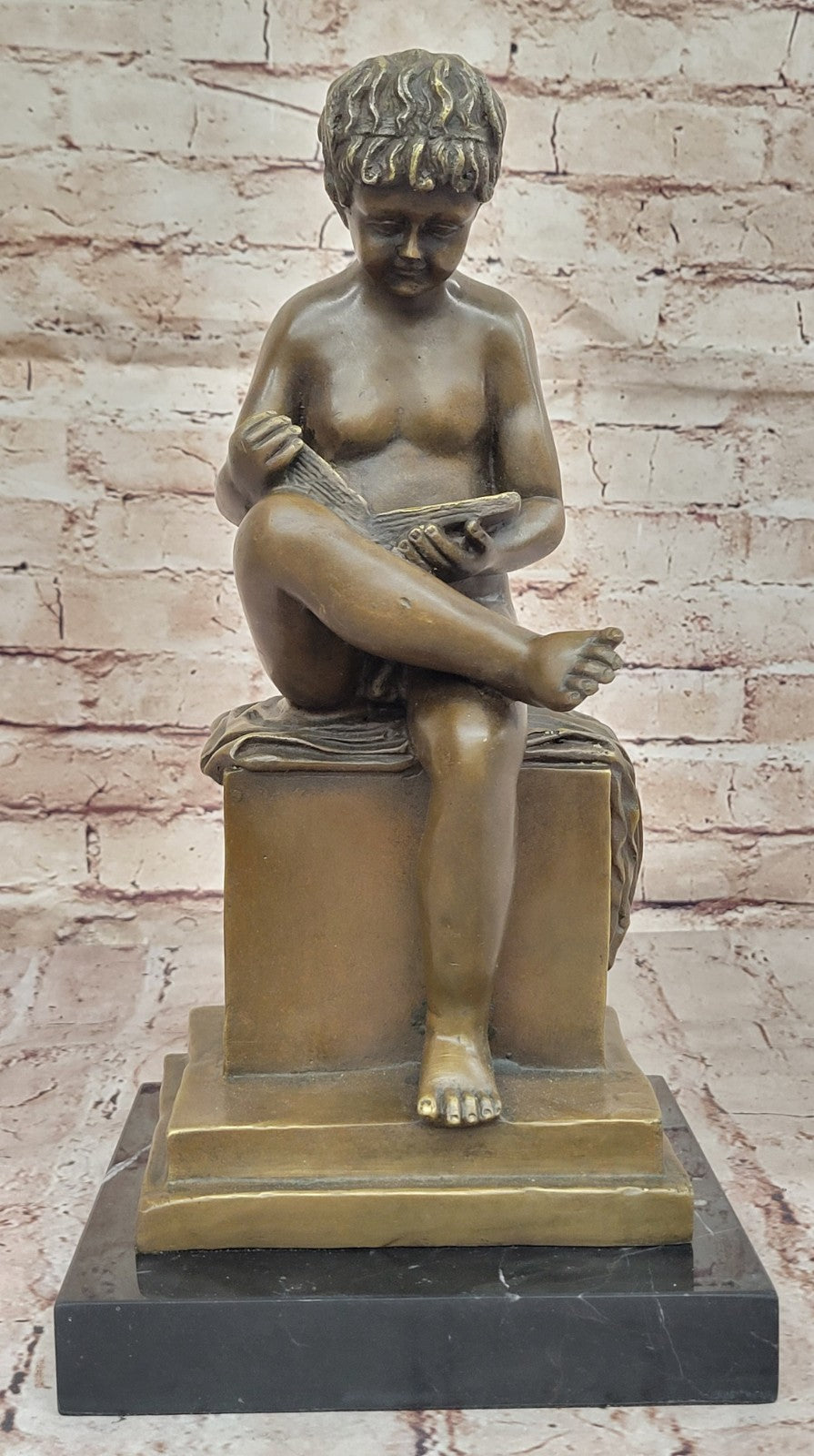 Joy Of Reading Garden 100% Solid Sculpture, Nude Boy and Book Home Decoration