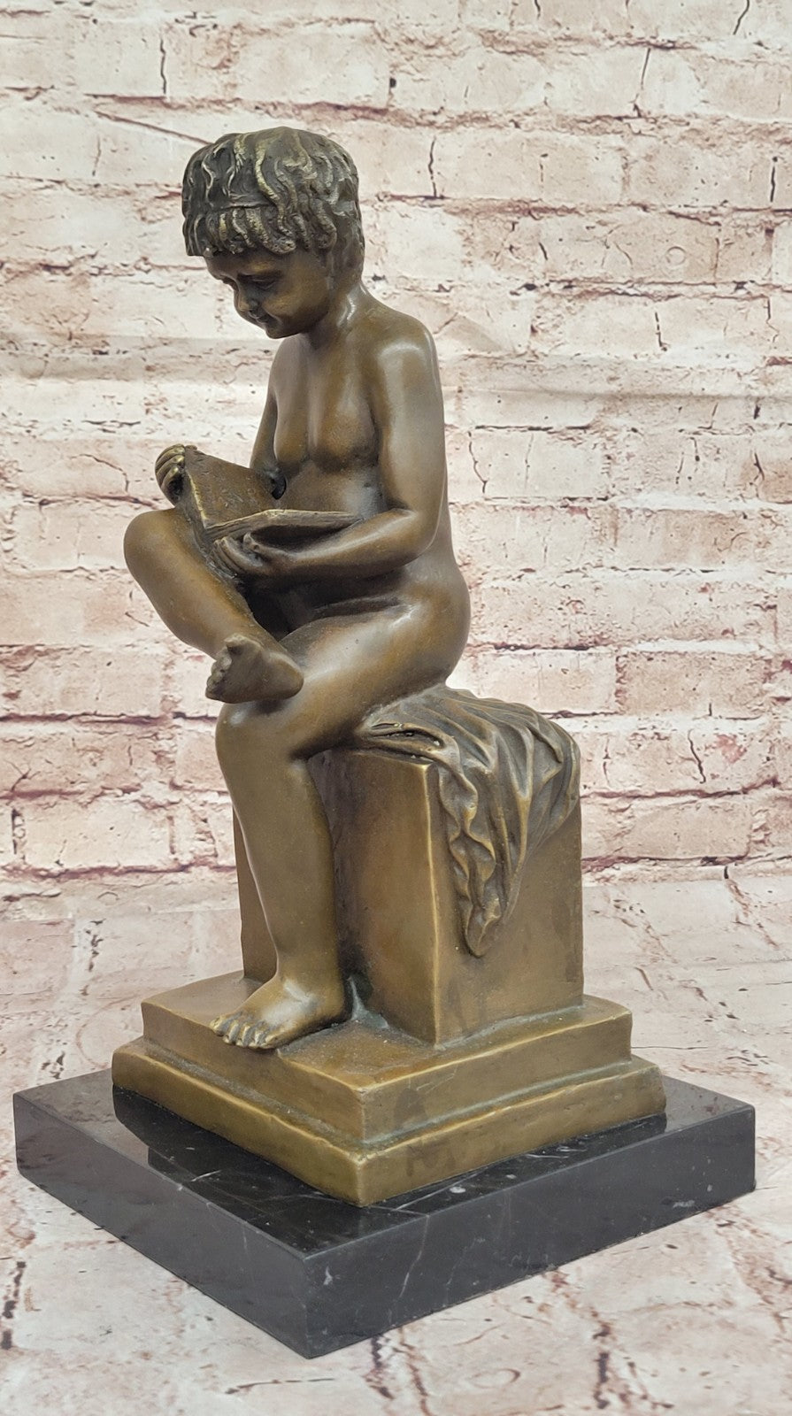 Joy Of Reading Garden 100% Solid Sculpture, Nude Boy and Book Home Decoration