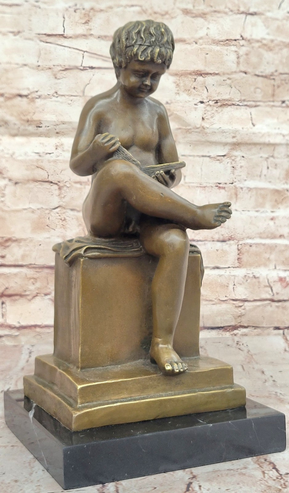 Joy Of Reading Garden 100% Solid Sculpture, Nude Boy and Book Home Decoration