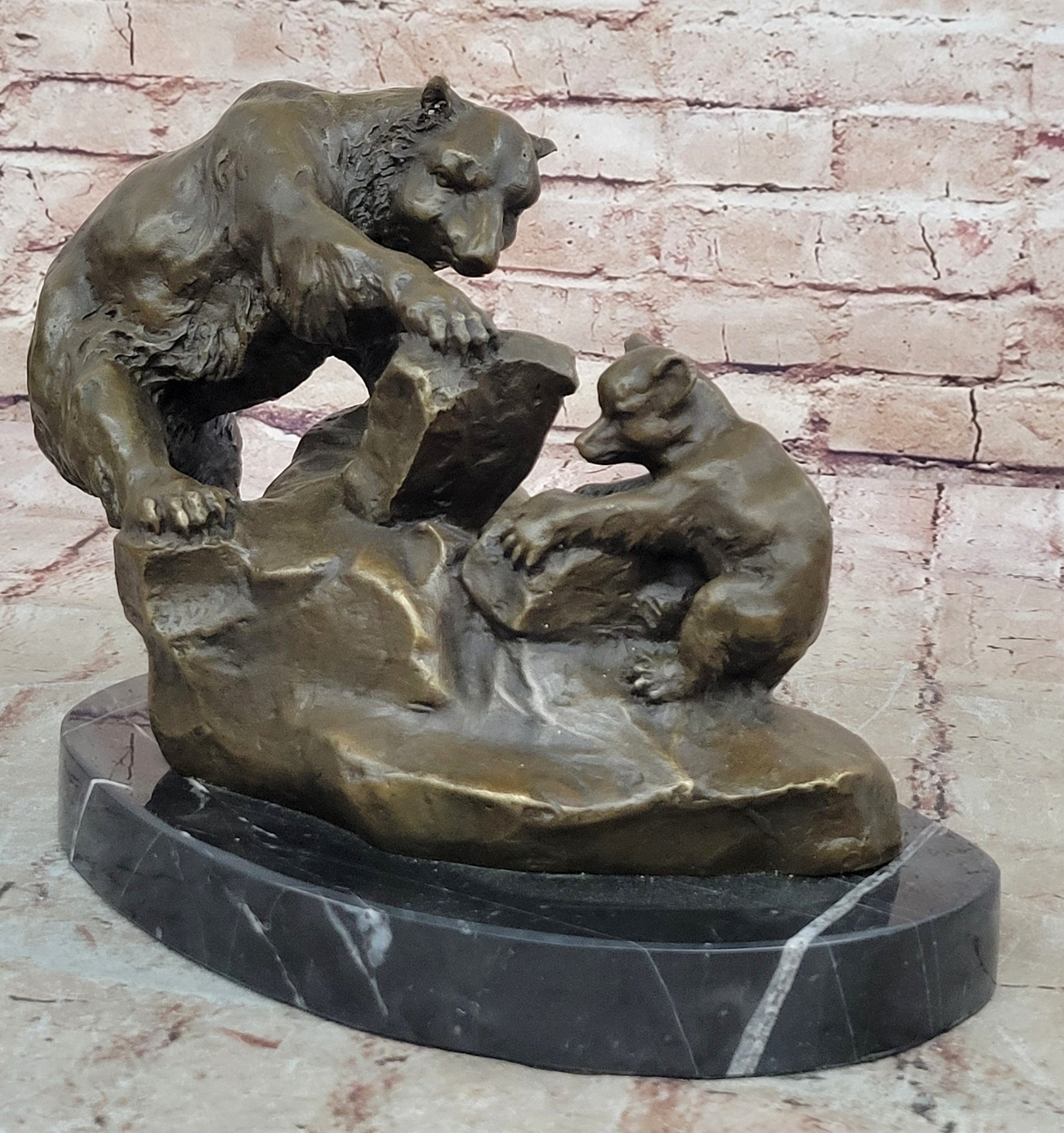 Handcrafted bronze sculpture SALE Cub & Bear Mother Signed Russelle Figurine Art