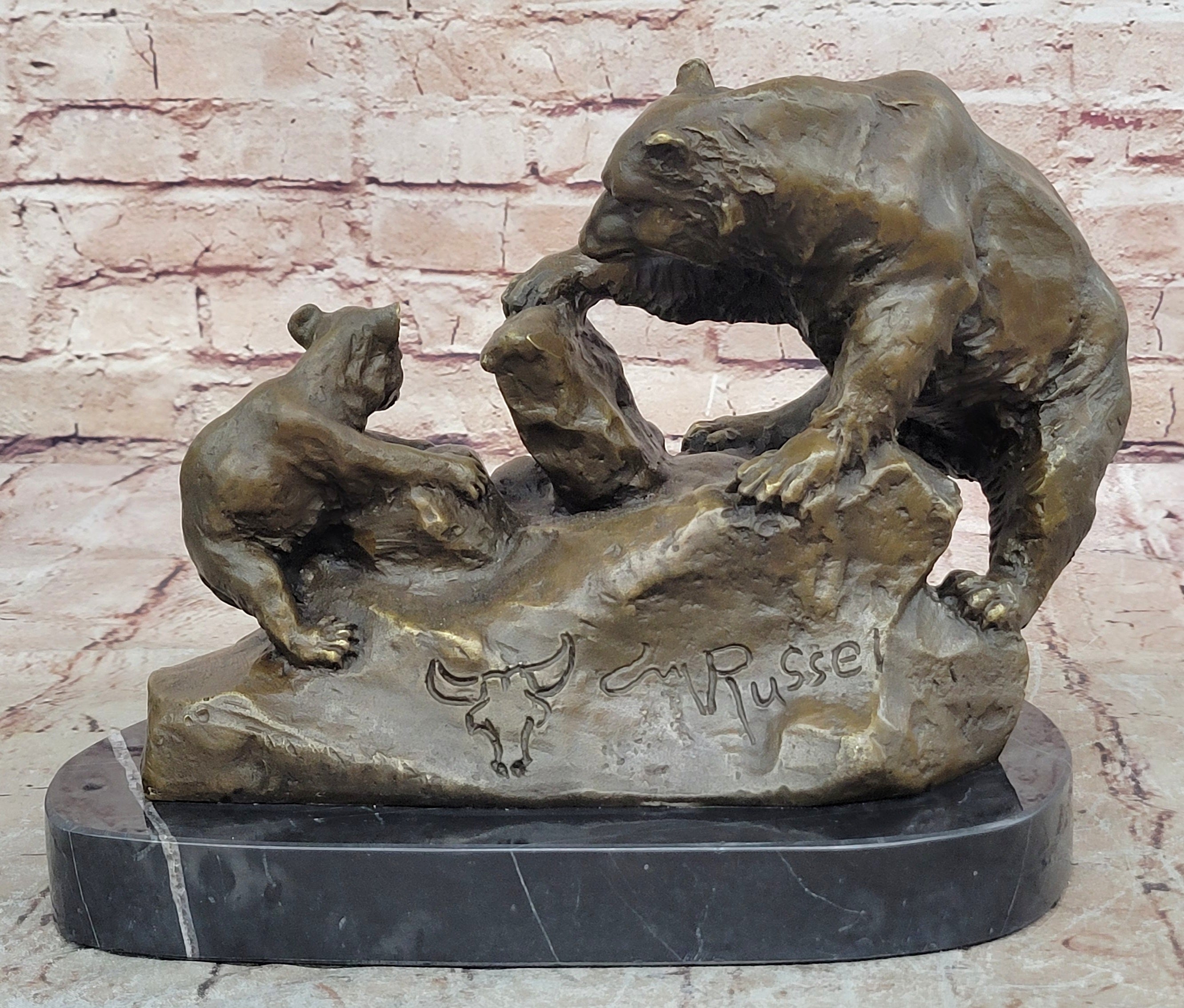 Handcrafted bronze sculpture SALE Cub & Bear Mother Signed Russelle Figurine Art