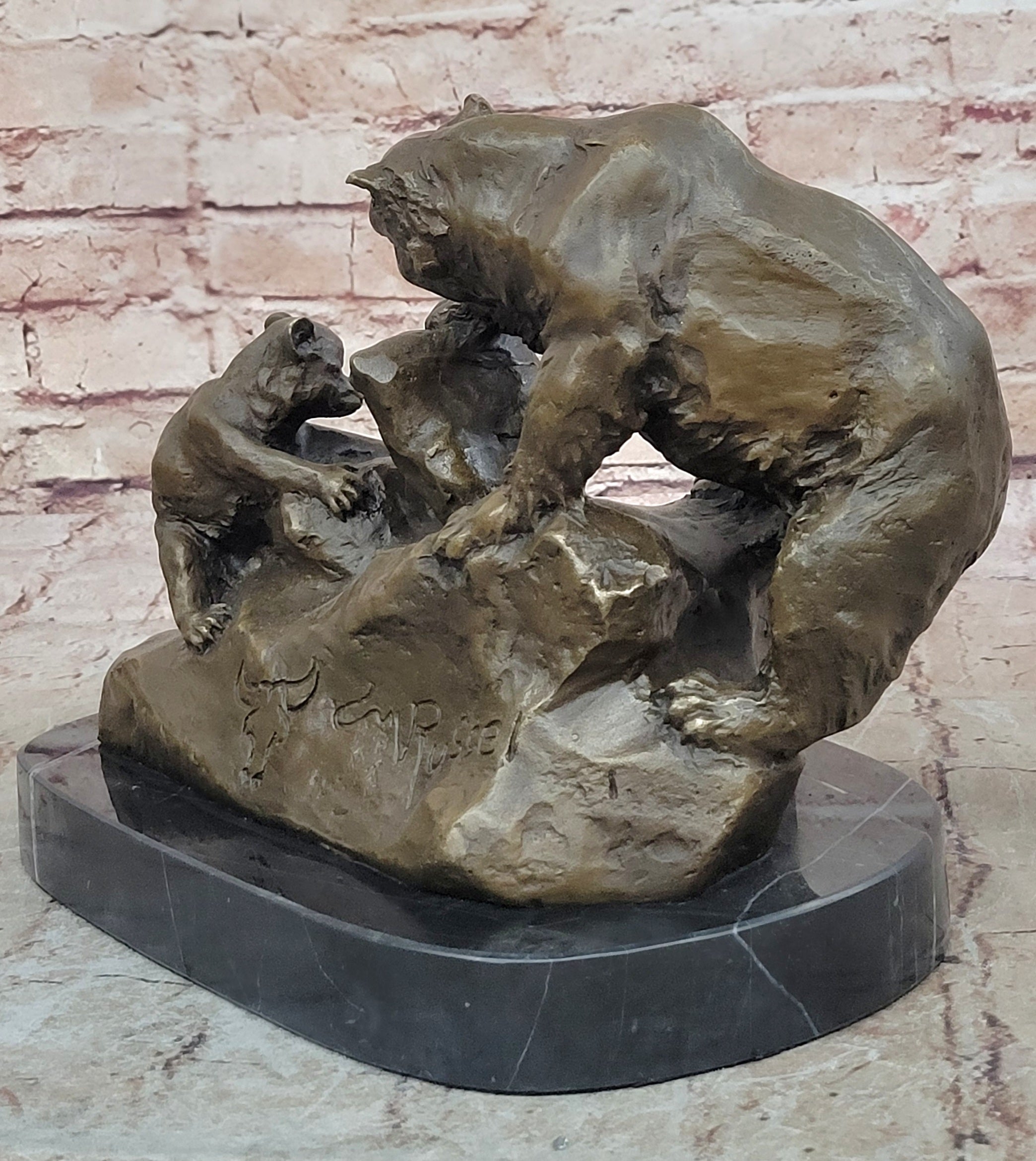 Handcrafted bronze sculpture SALE Cub & Bear Mother Signed Russelle Figurine Art