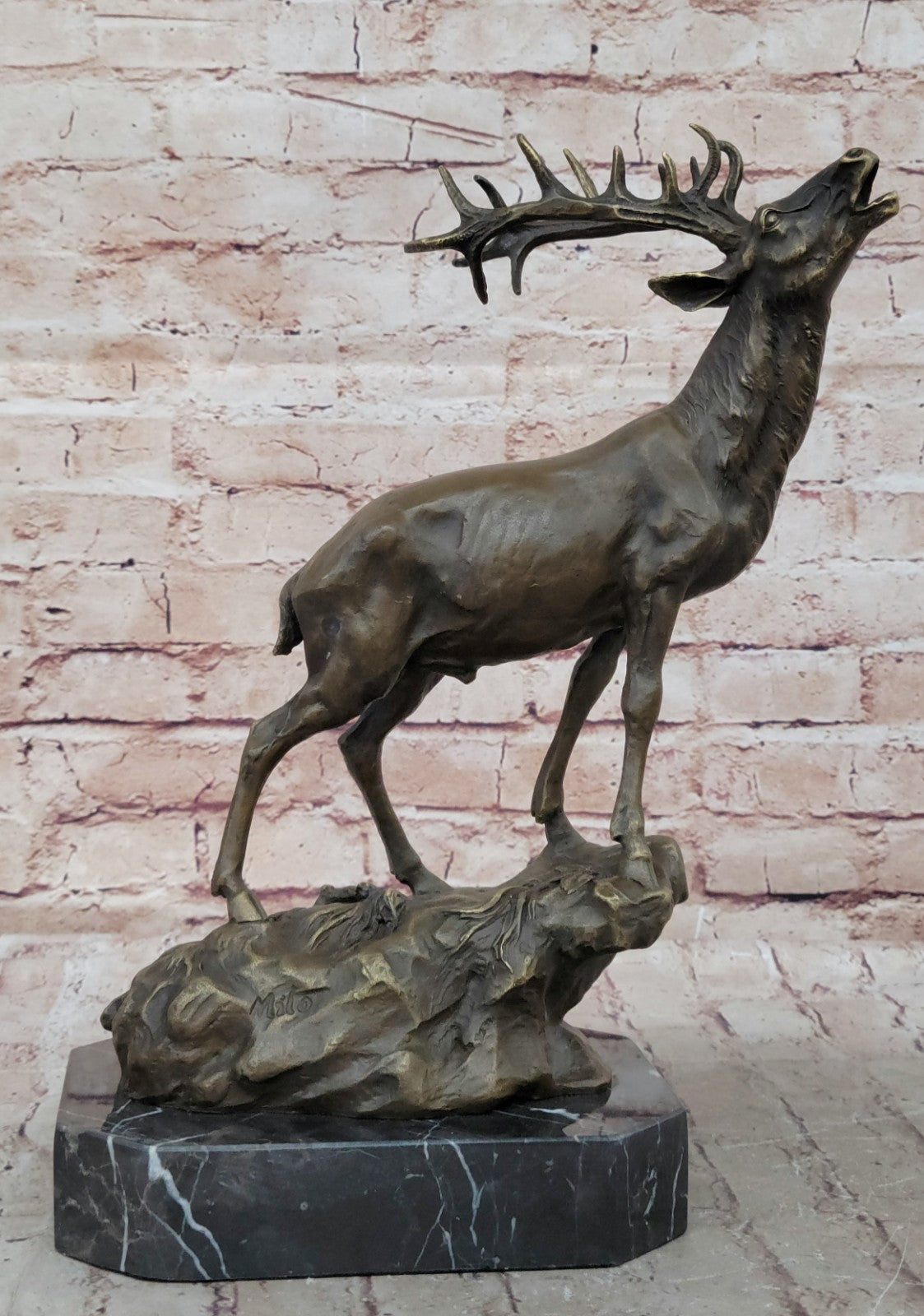 Game Hunter Elk Stag Deer Buck Lodge Cabin Wildlife Art Bronze Marble Statue Art