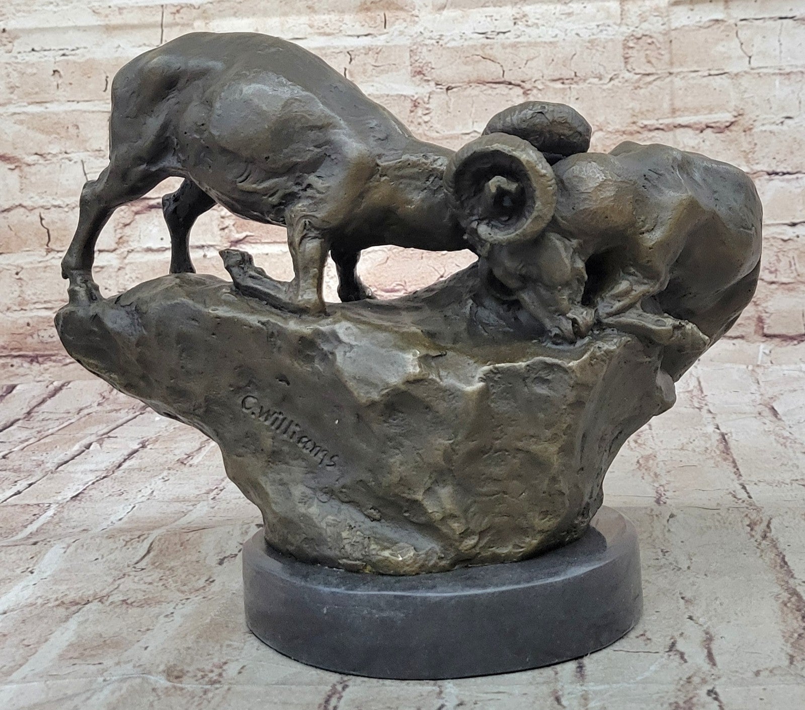 Handcrafted bronze sculpture SALE Base Marble Rams Two Between Confrontation