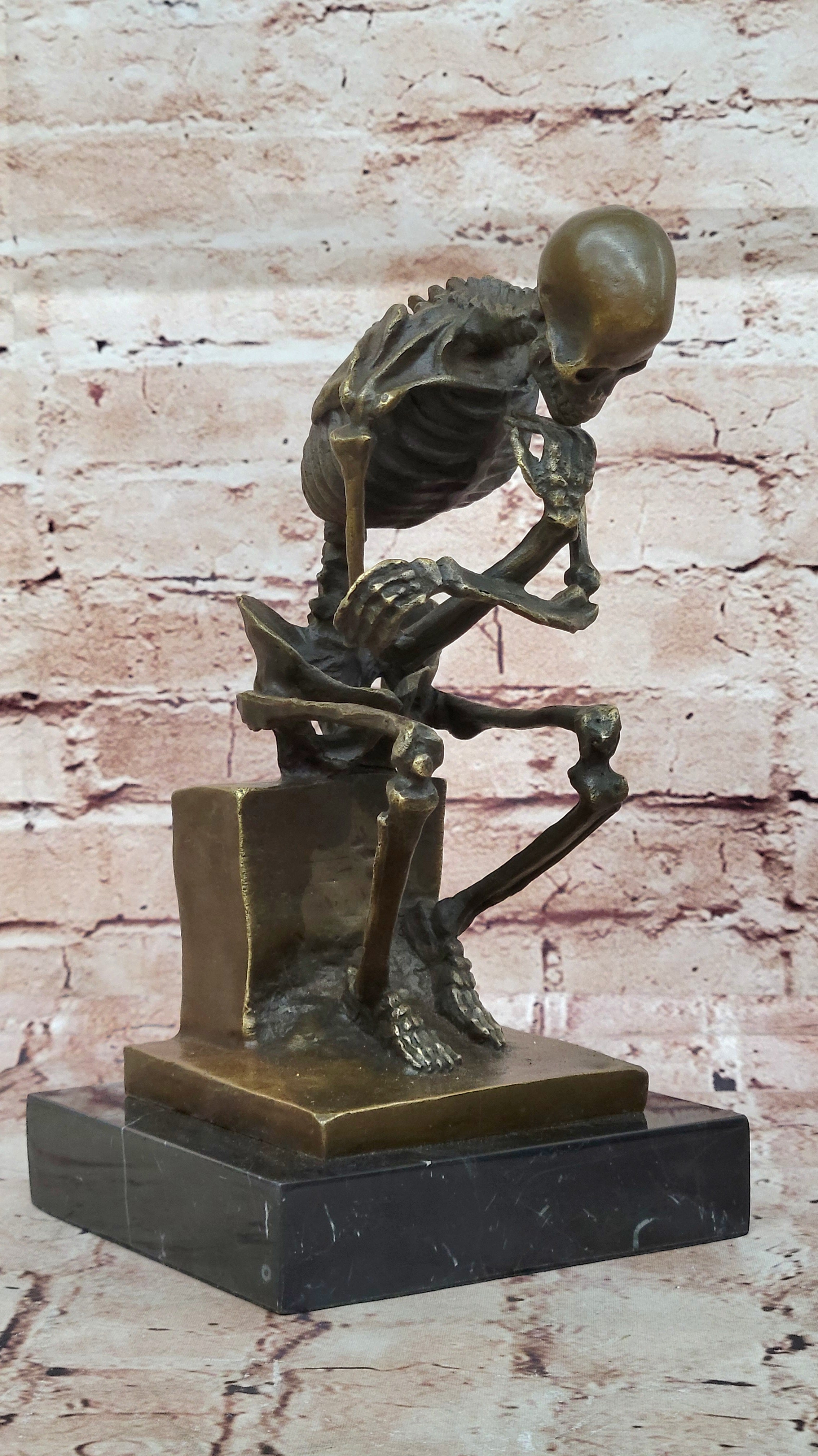Signed: Milo Bronze Statue Skull Skeleton thinker sculpture Hot Cast Figurine