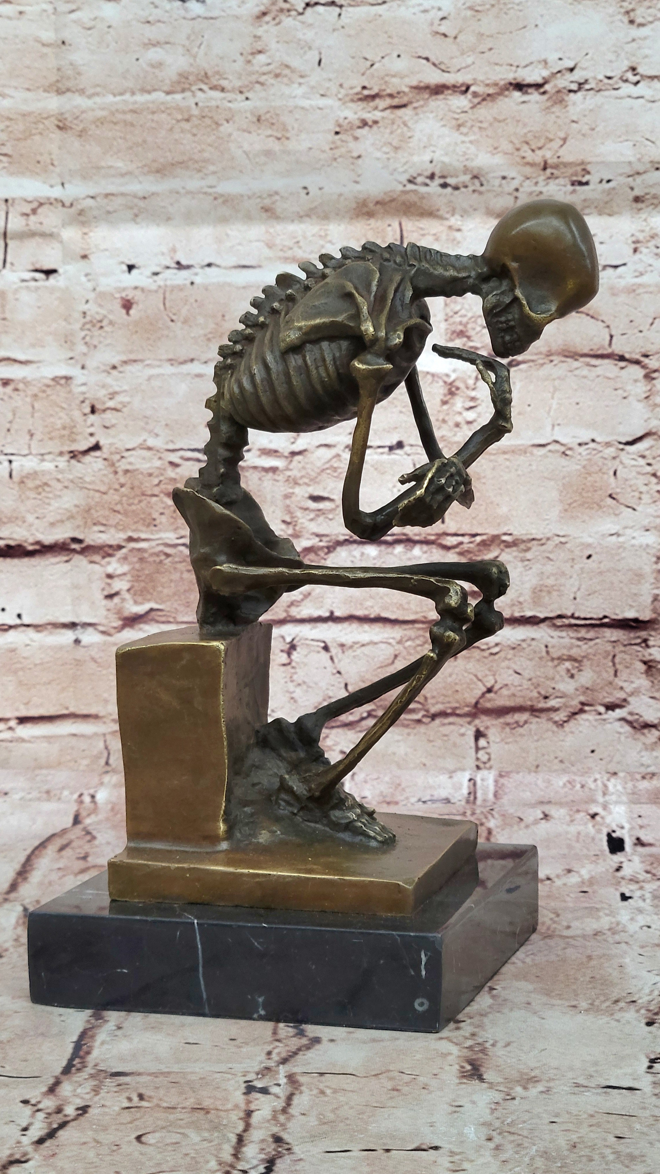 Signed: Milo Bronze Statue Skull Skeleton thinker sculpture Hot Cast Figurine