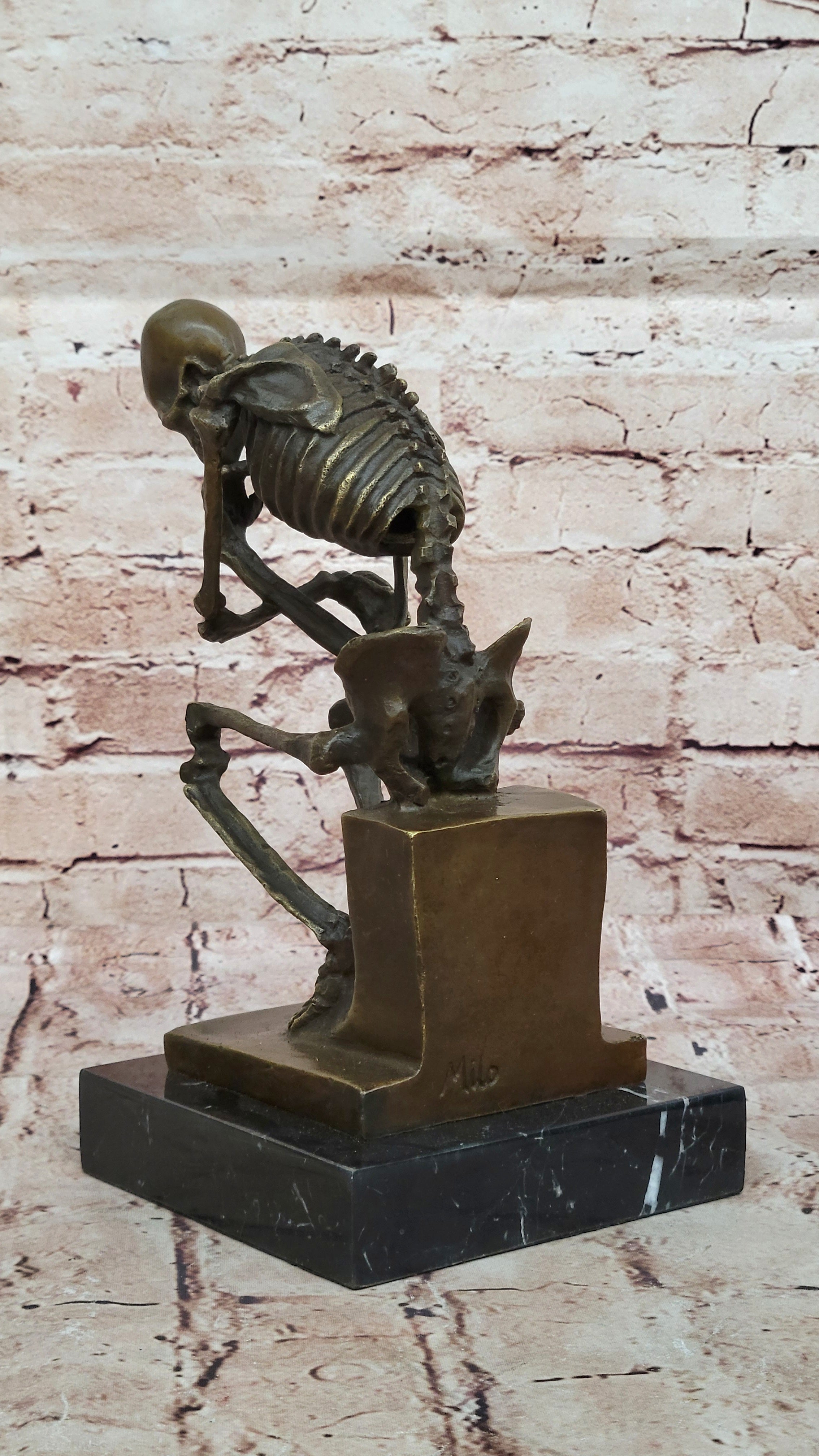 Signed: Milo Bronze Statue Skull Skeleton thinker sculpture Hot Cast Figurine