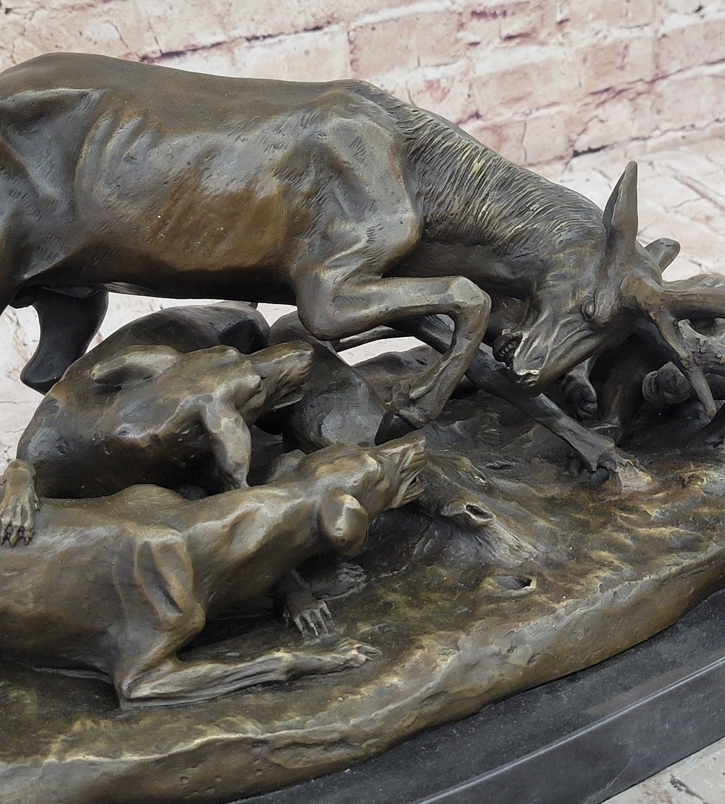 Art Deco Hand Made Confrontation between stag and Dogs Bronze Sculpture Figurine