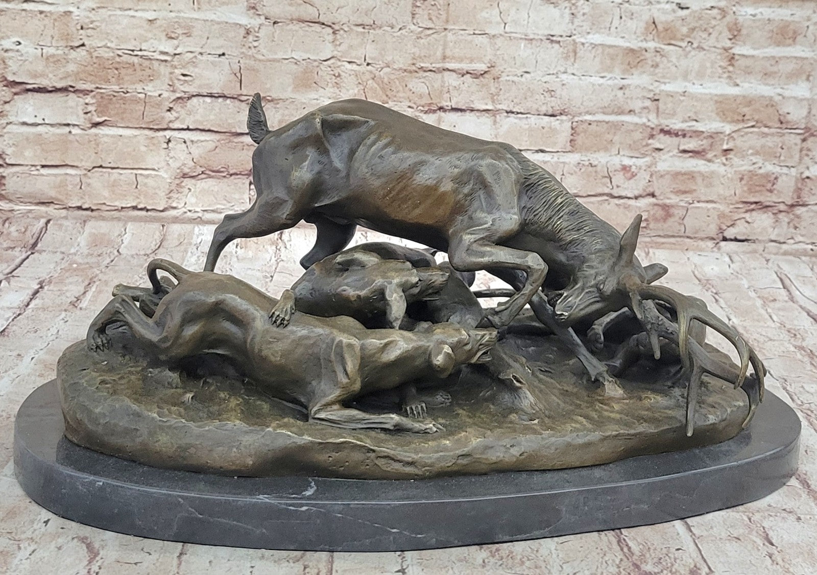 Art Deco Hand Made Confrontation between stag and Dogs Bronze Sculpture Figurine