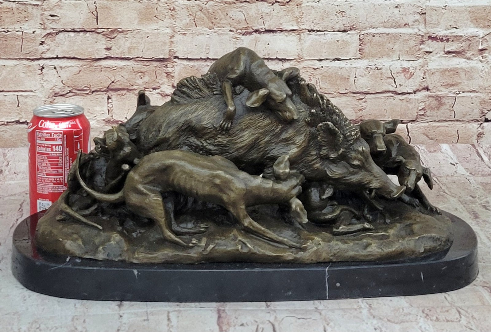 17.5" Signed ART Statue Bronze Marble wild boar Wild Pig & hunting dog WAR