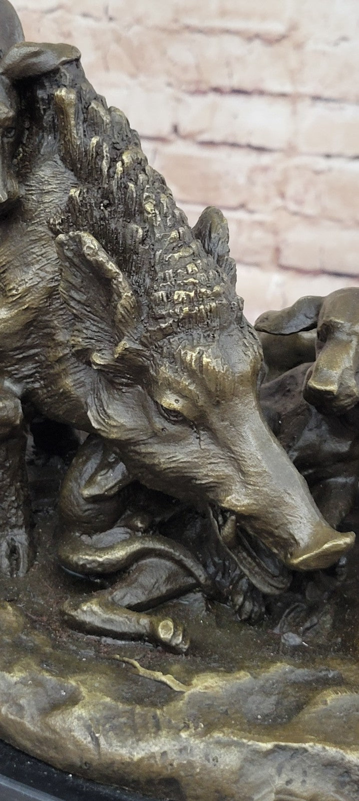 17.5" Signed ART Statue Bronze Marble wild boar Wild Pig & hunting dog WAR