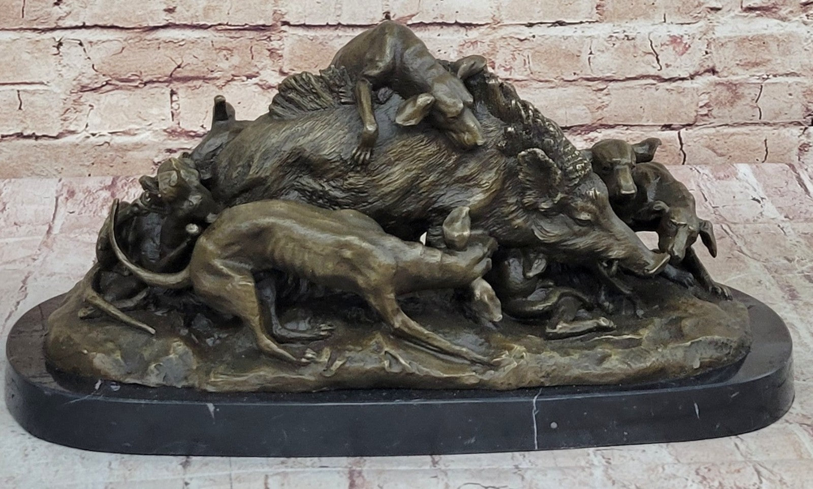 17.5" Signed ART Statue Bronze Marble wild boar Wild Pig & hunting dog WAR