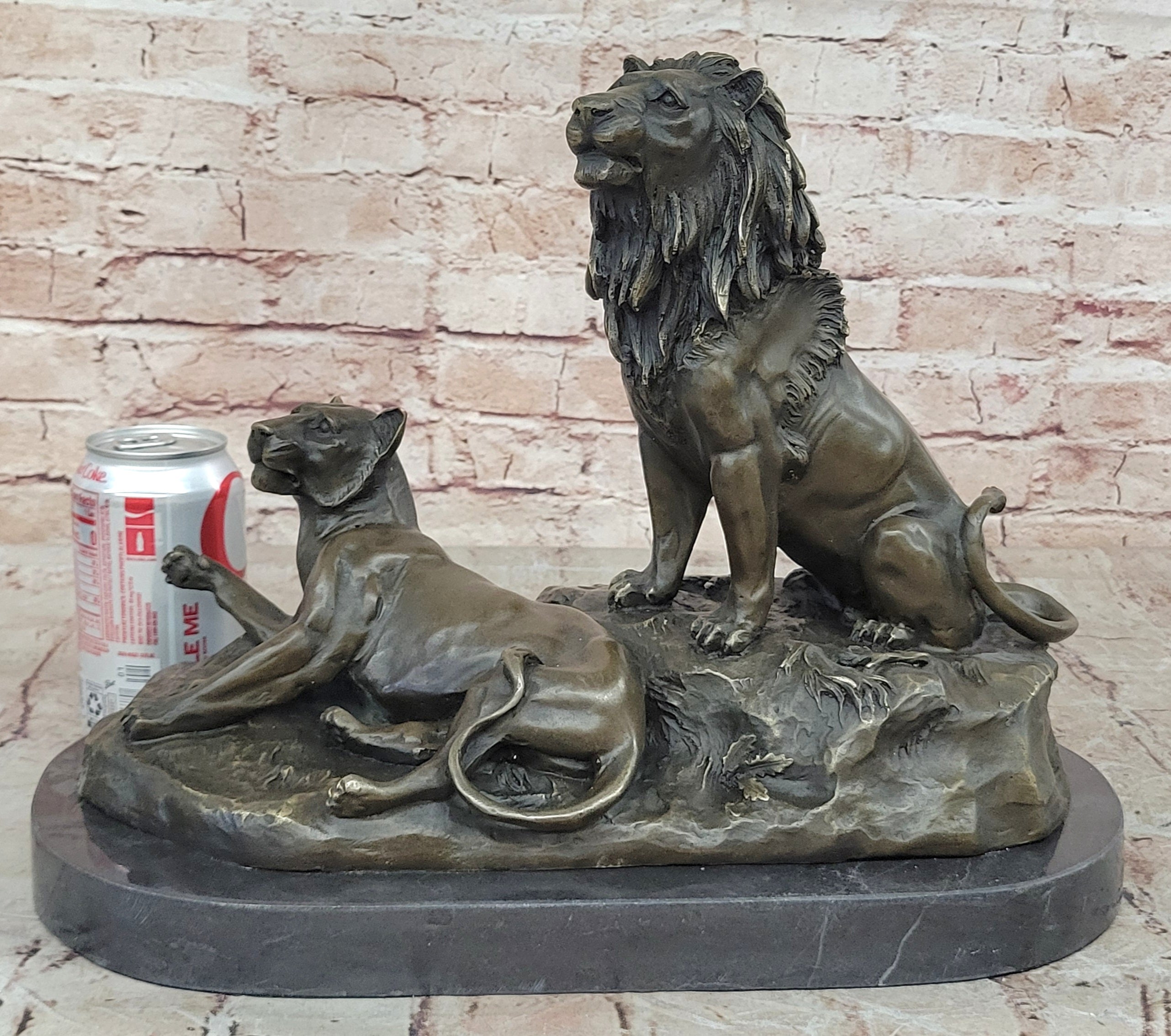 Roaring Male & Female Lions Lion Lioness Bronze Statue Sculpture Art Deco Decor