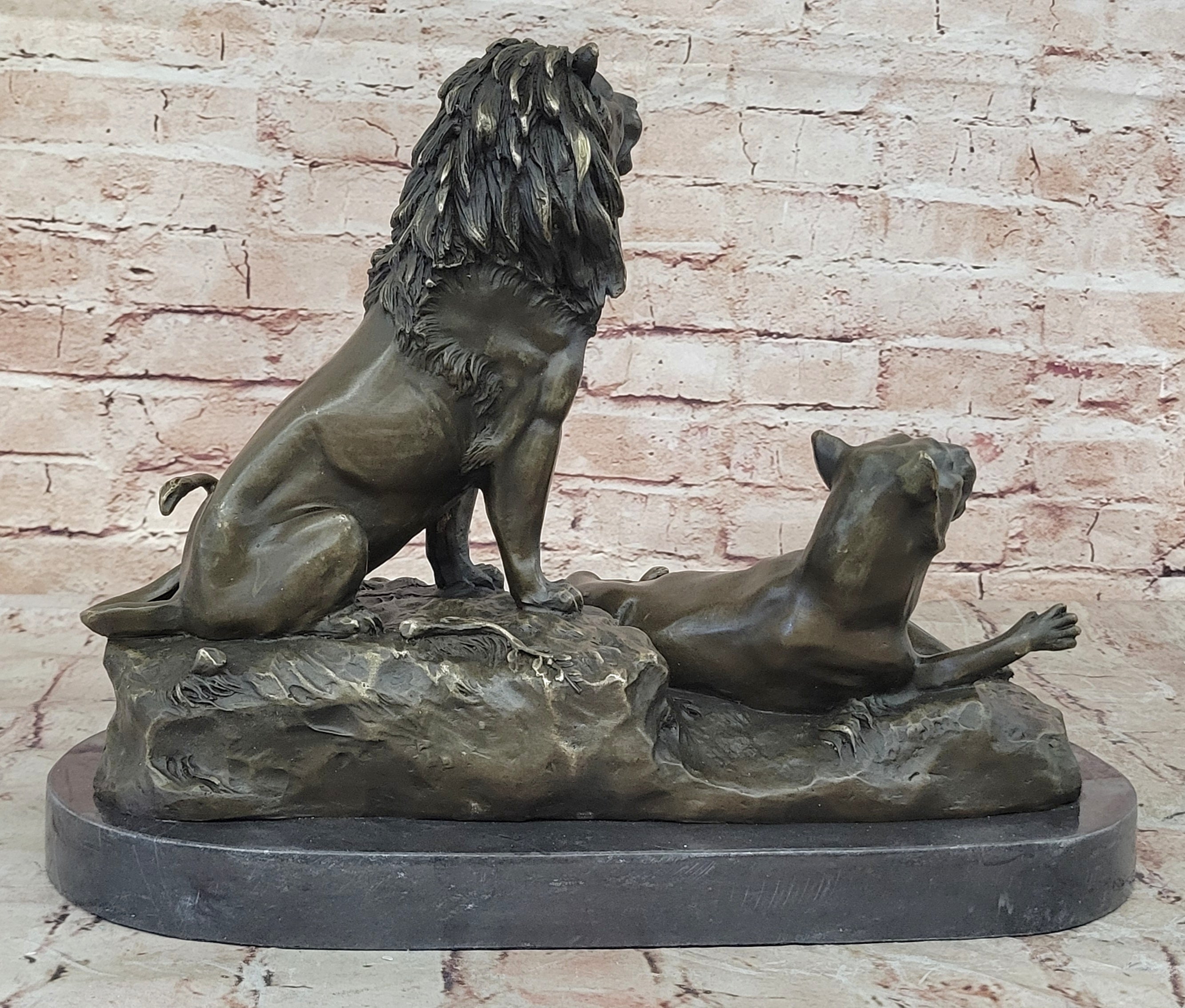 Roaring Male & Female Lions Lion Lioness Bronze Statue Sculpture Art Deco Decor