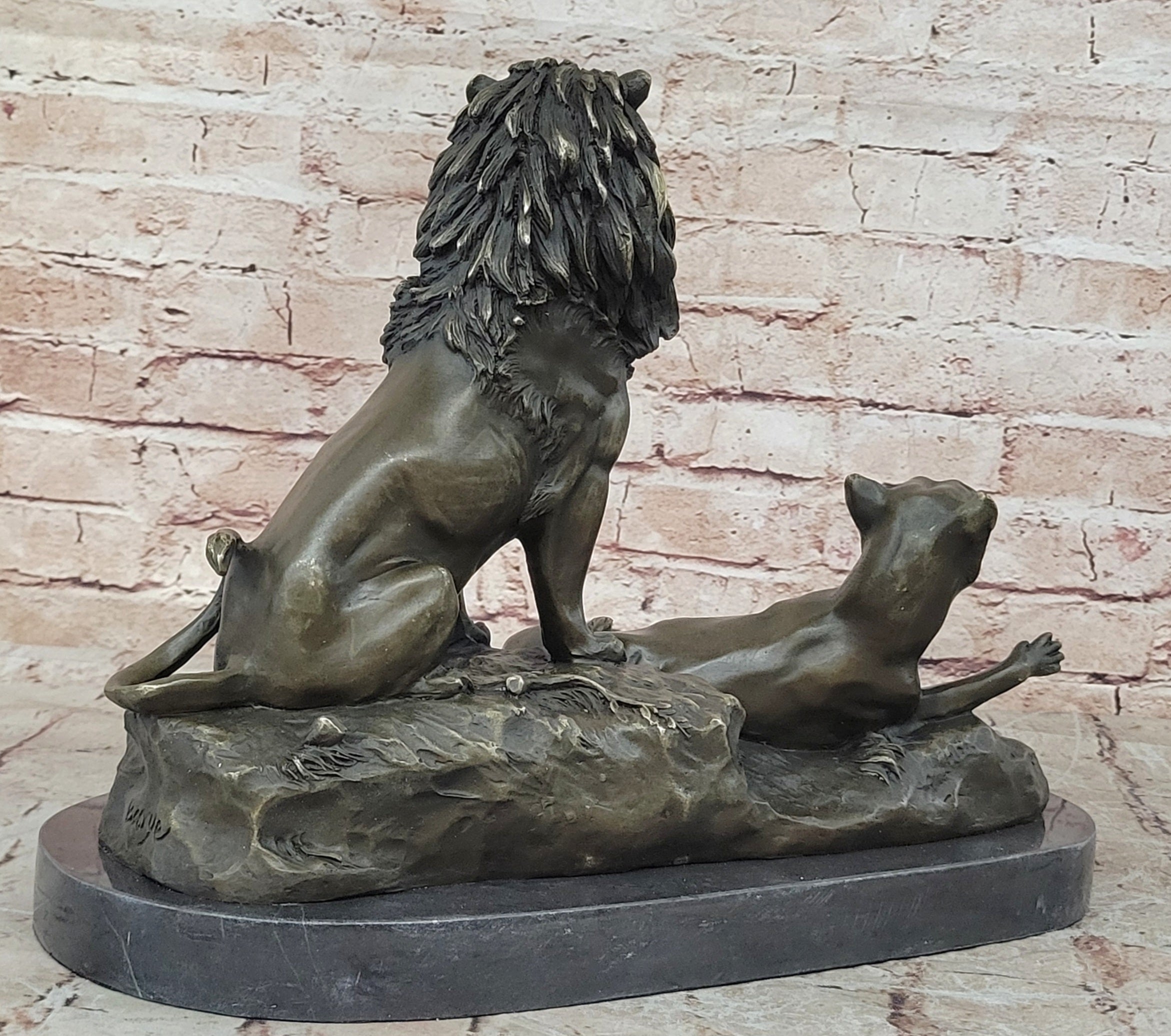 Roaring Male & Female Lions Lion Lioness Bronze Statue Sculpture Art Deco Decor