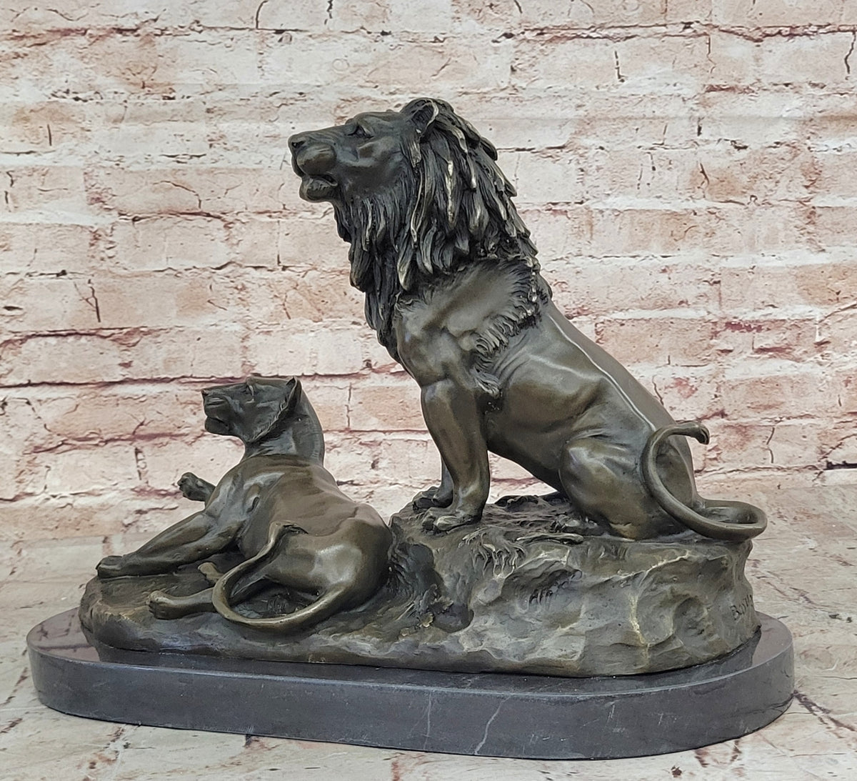 Roaring Male & Female Lions Lion Lioness Bronze Statue Sculpture Art Deco Decor