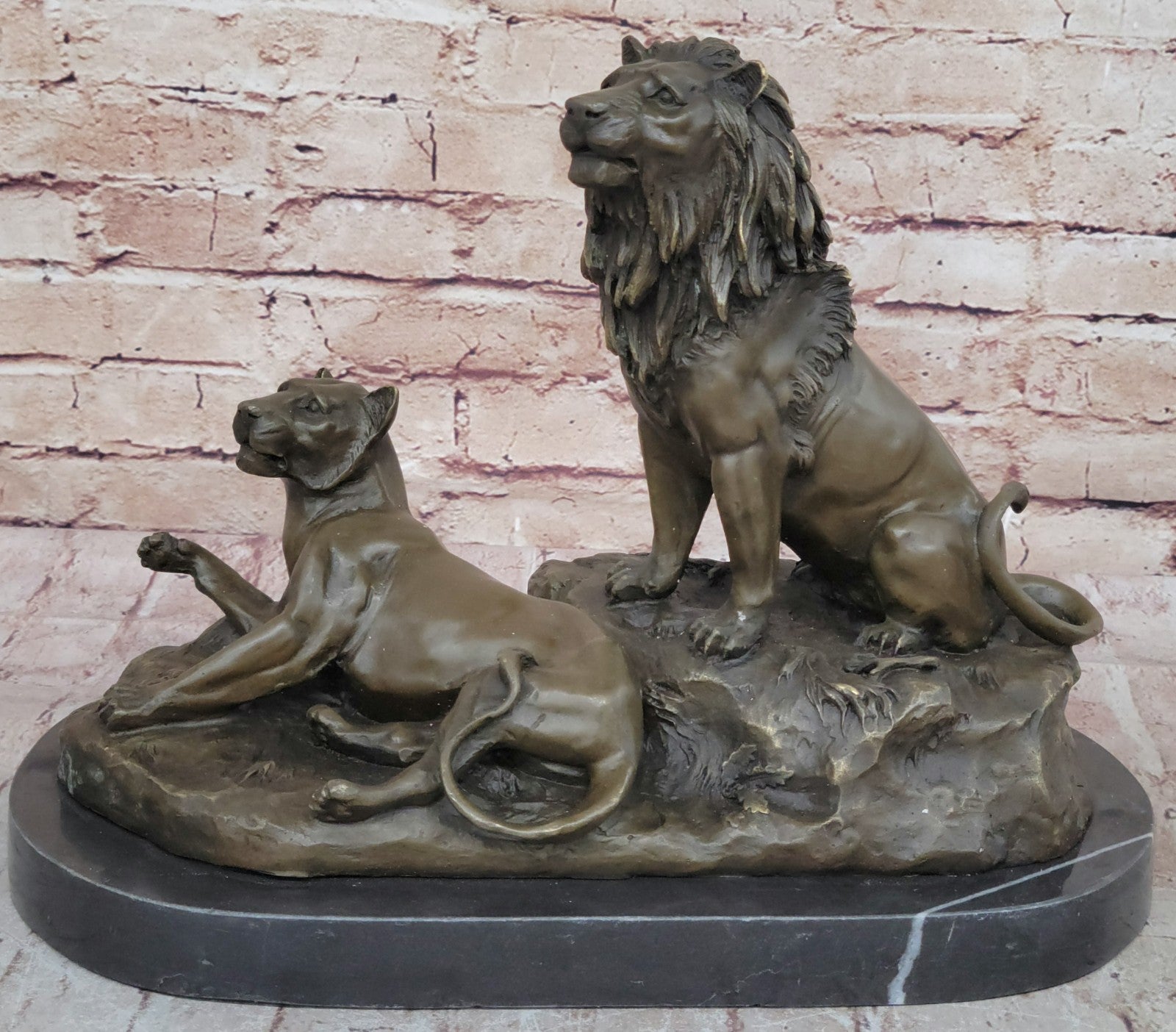 Roaring Male & Female Lions Lion Lioness Bronze Statue Sculpture Art Deco Decor
