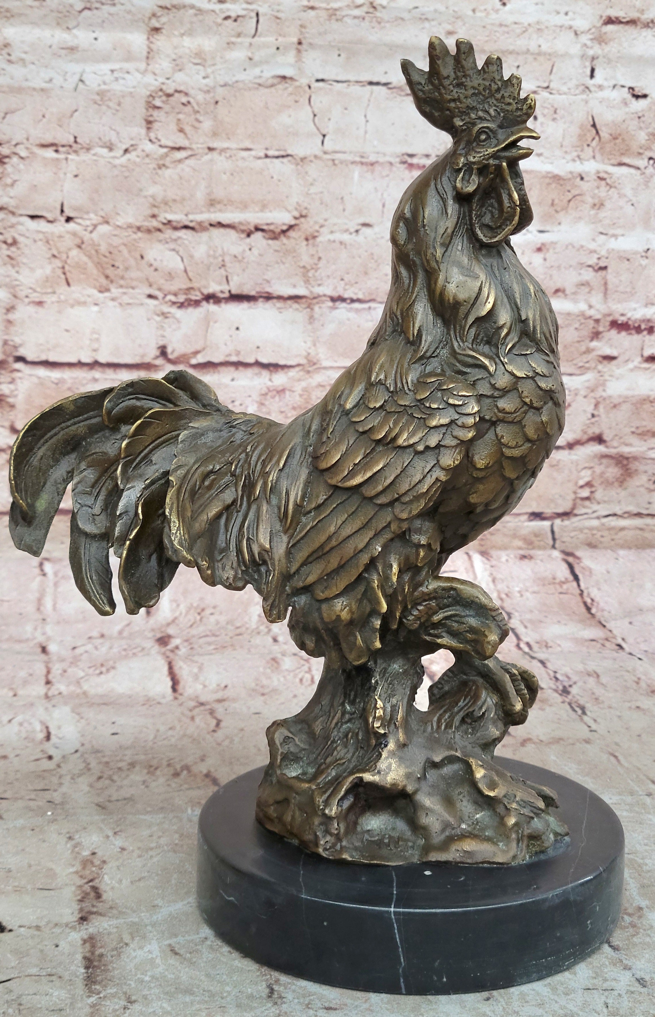 China FengShui Zodiac Bronze Rooster Yuanbao Ingot Statue Blessing Wealth 12"