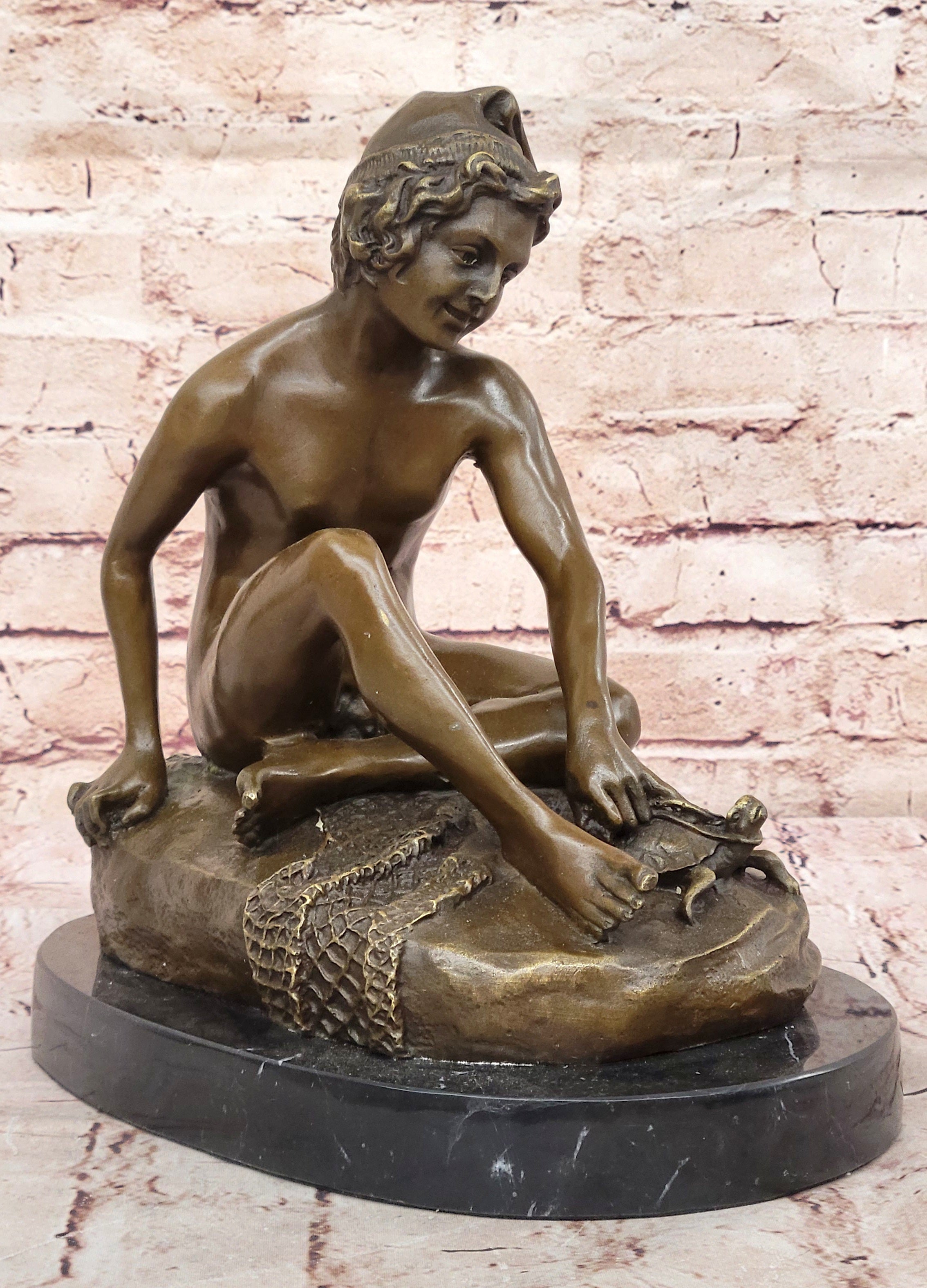 Fine Genuine Bronze Sculpture of a Young Sitting Boy Nude- Jean Baptiste Carpeaux