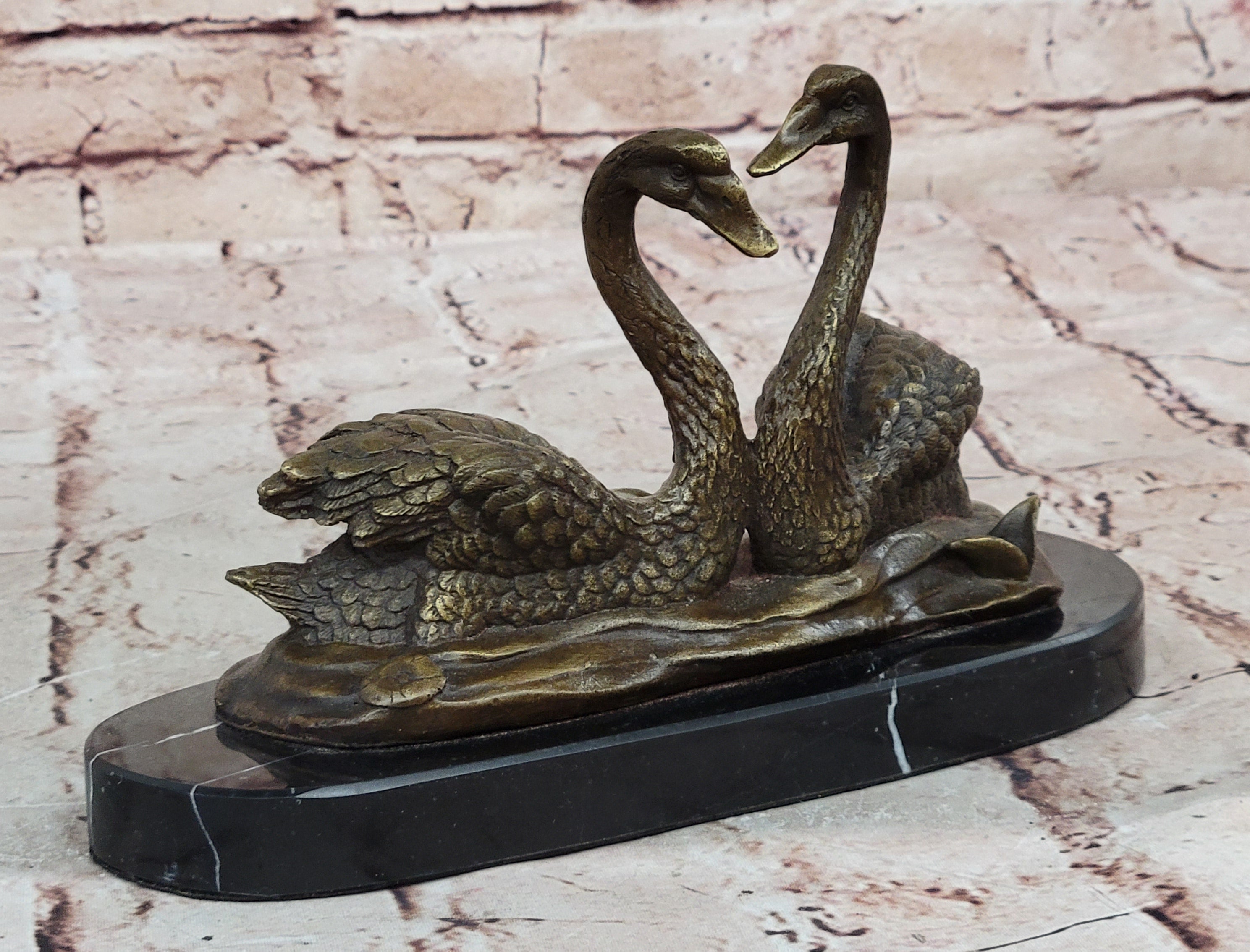 Art Deco Swan Swans Hot Cast Bronze Sculpture Marble Base Figurine Figure Deco