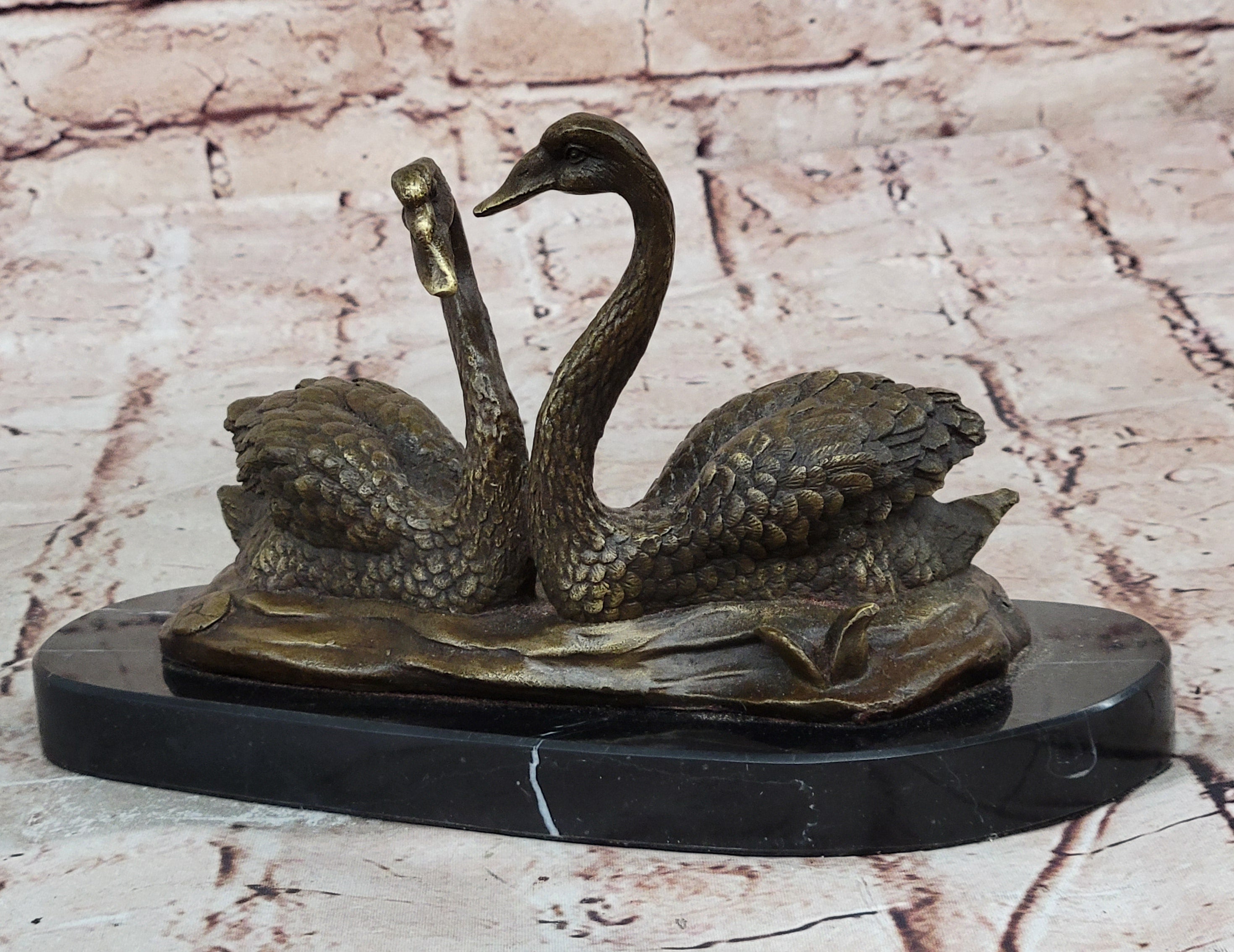 Art Deco Swan Swans Hot Cast Bronze Sculpture Marble Base Figurine Figure Deco