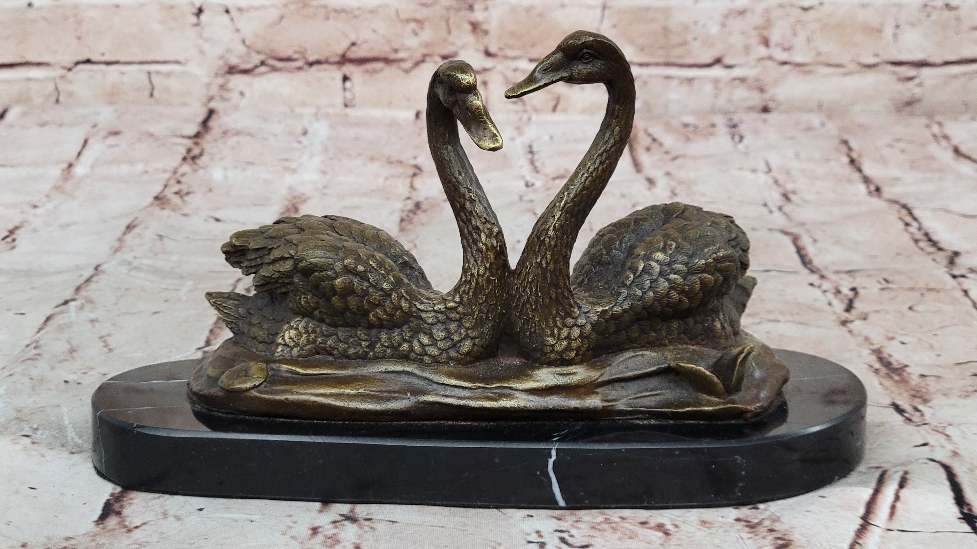 Art Deco Swan Swans Hot Cast Bronze Sculpture Marble Base Figurine Figure Deco