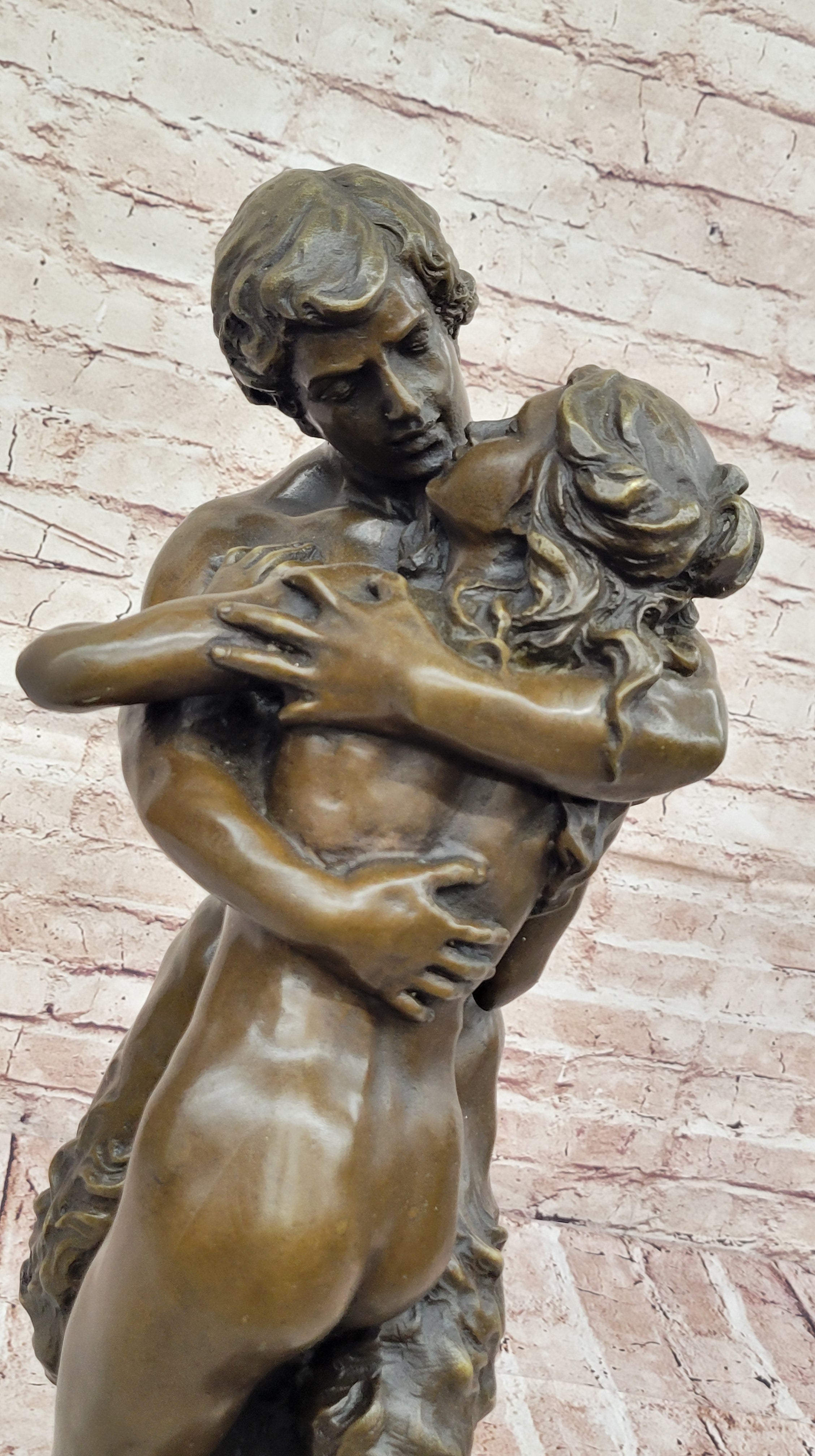 Greek God Pan Faun charms his way in the Arms of a Nude Woman Bronze Statue