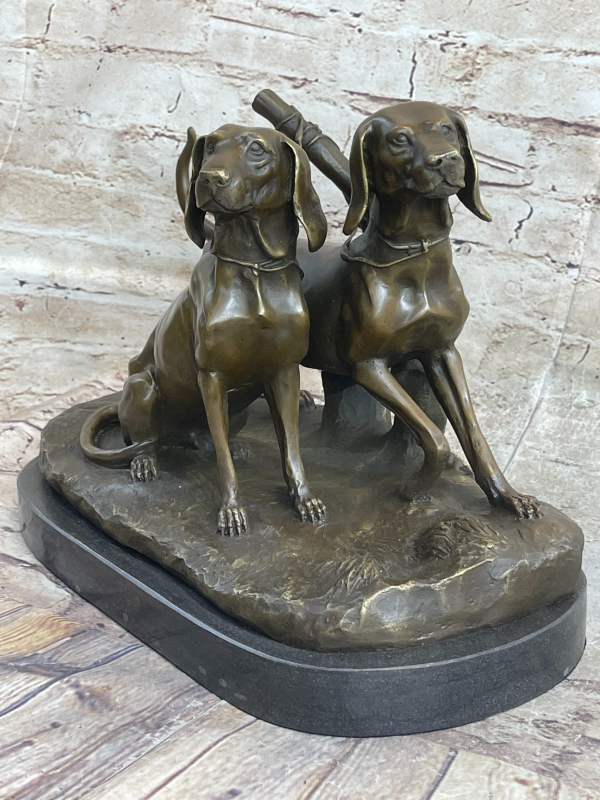 Two Large Pointers Hunting Dog Bird Water Dogs Bronze Marble Statue Home Decor