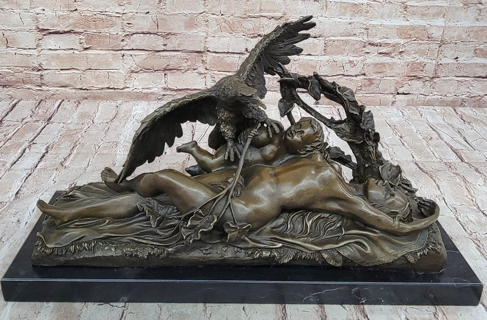 Handcrafted bronze sculpture Hawk Eagle Baby W/ Nude Girl Original Signed Artwork