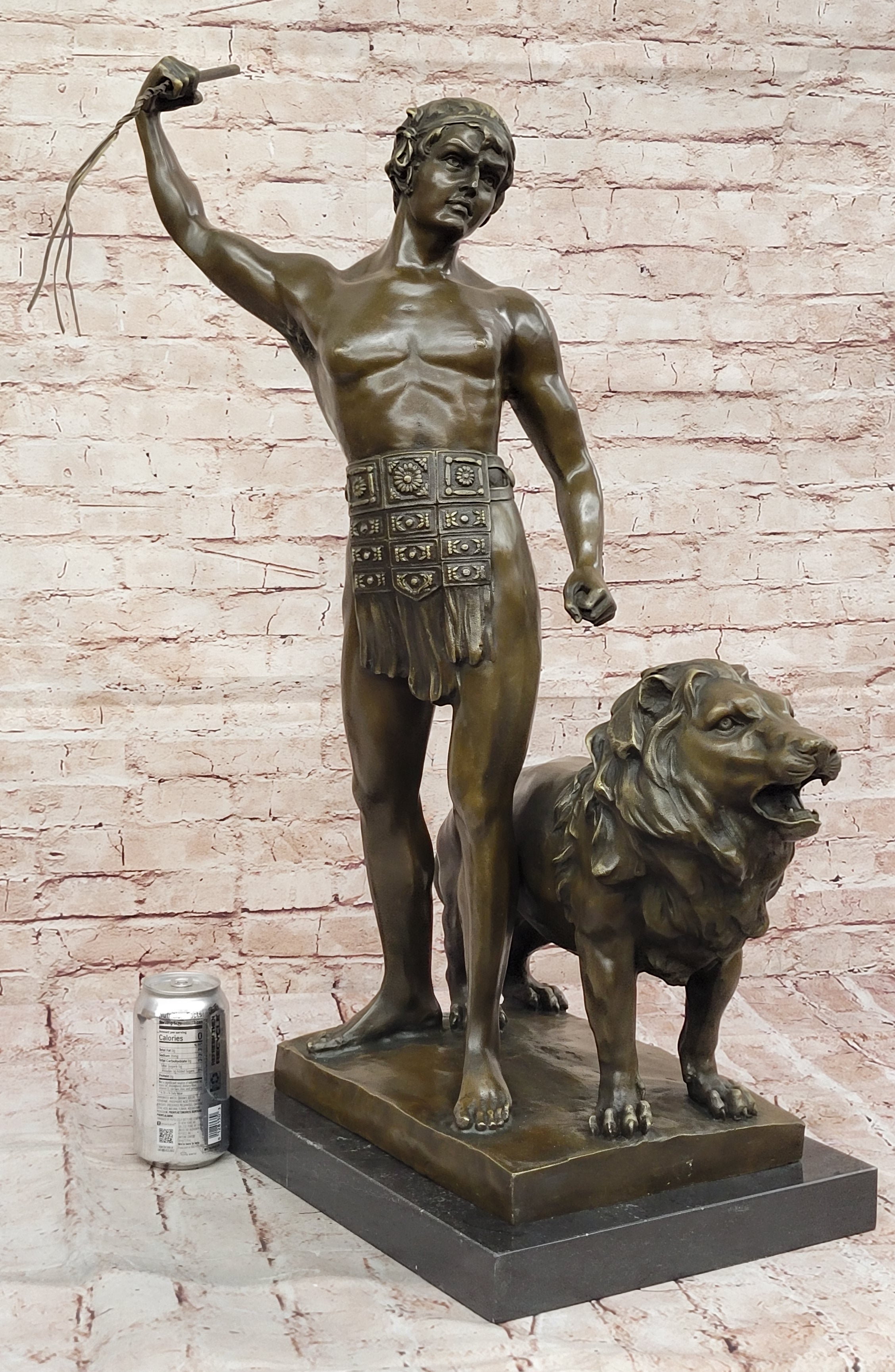 Heavy Bronze Sculpture Statue Roman Warrior and Lion by Debut Collectible Art