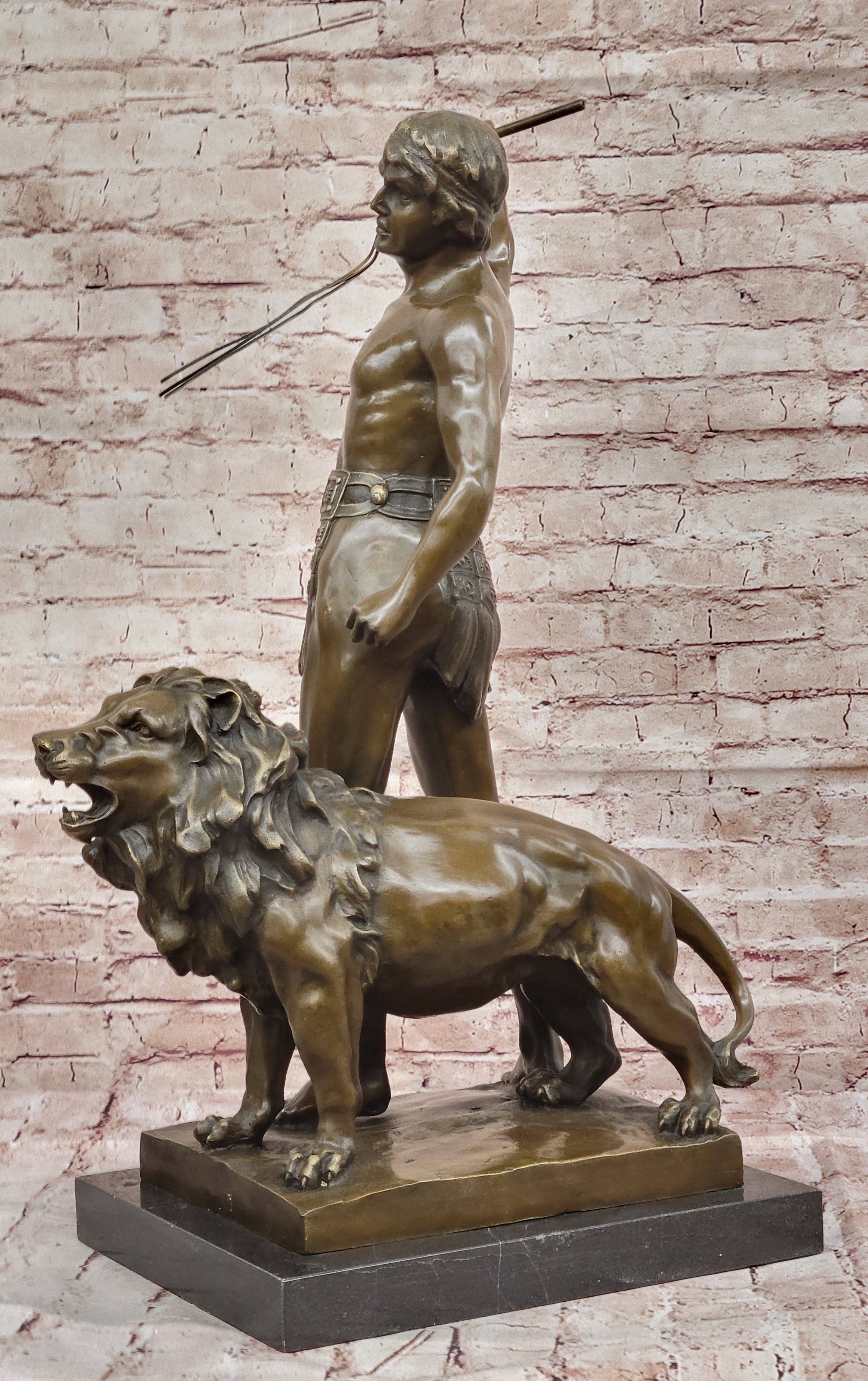Heavy Bronze Sculpture Statue Roman Warrior and Lion by Debut Collectible Art