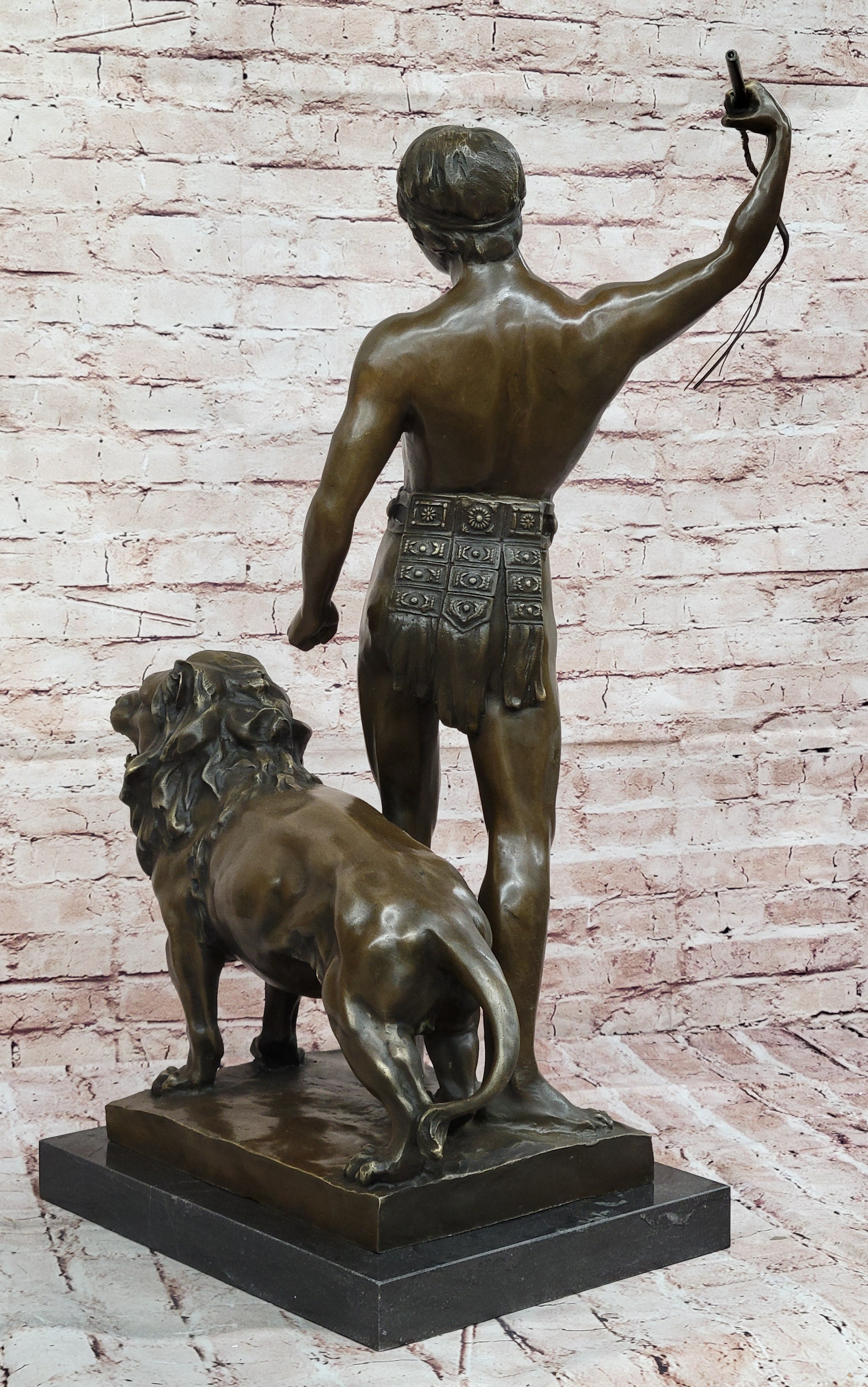 Heavy Bronze Sculpture Statue Roman Warrior and Lion by Debut Collectible Art