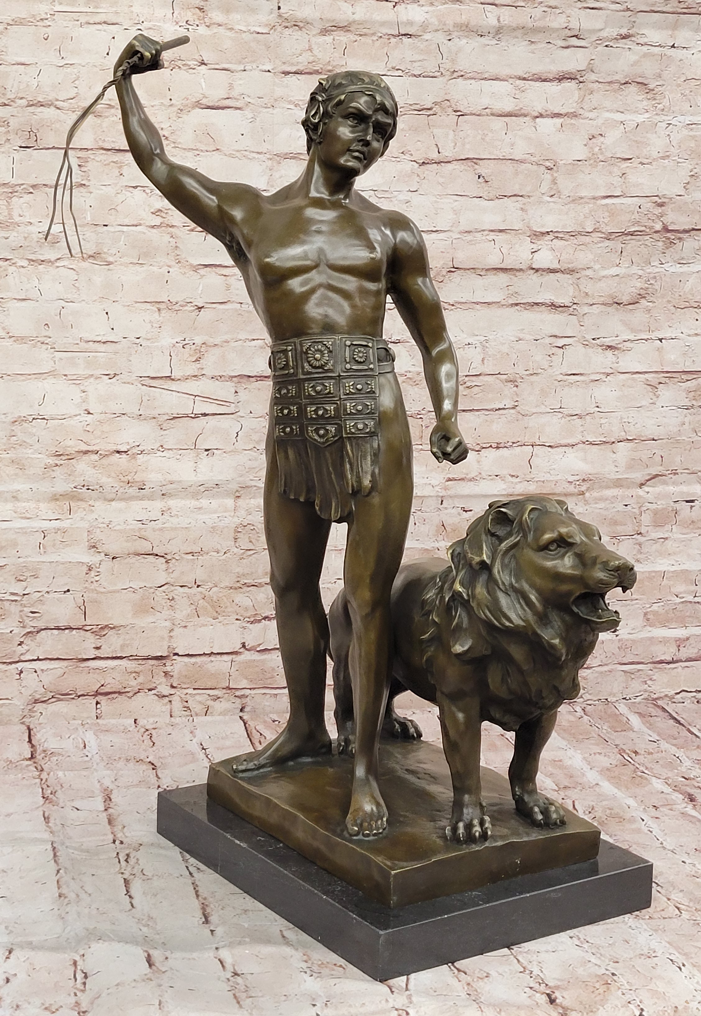 Heavy Bronze Sculpture Statue Roman Warrior and Lion by Debut Collectible Art