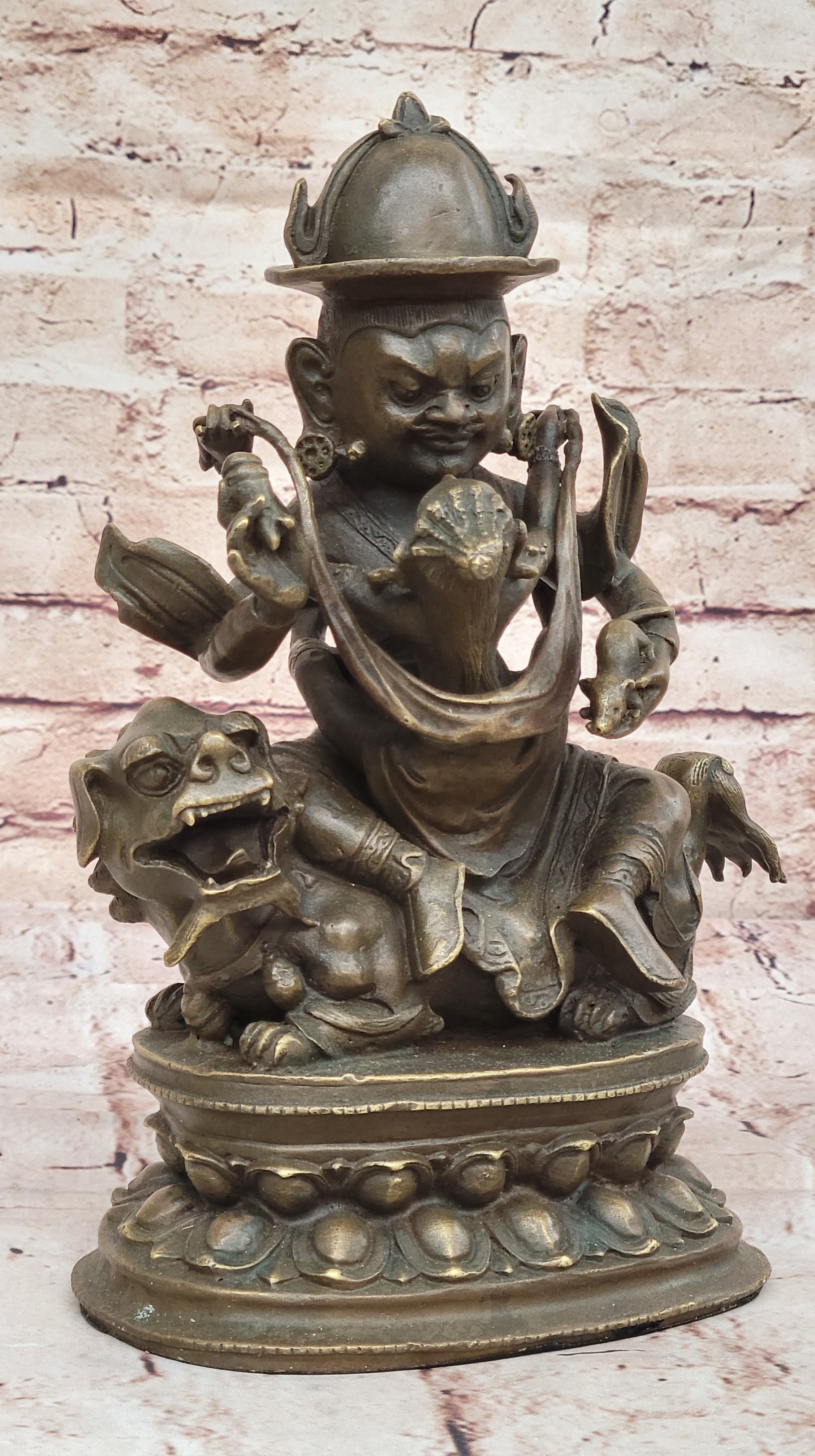 Bronze Sculpture Statue of Buddha with Foo Dog Guardian Eastern Spiritual Art