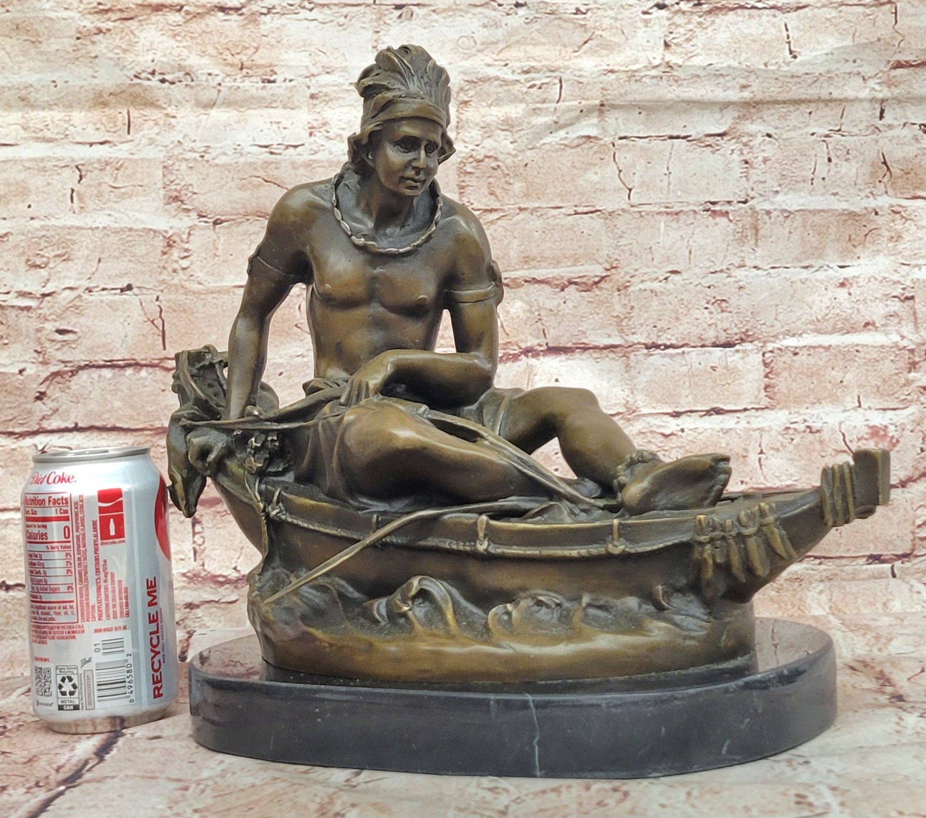 Native American Indian Artwork Nude Warrior Hot Cast Canoe Bronze Marble Statue