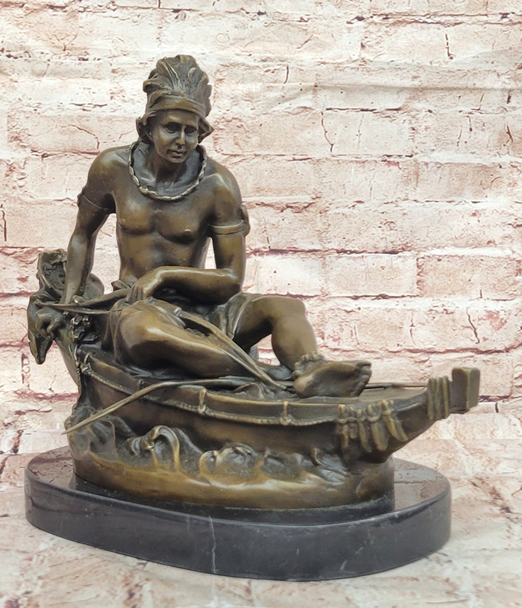 Native American Indian Artwork Nude Warrior Hot Cast Canoe Bronze Marble Statue